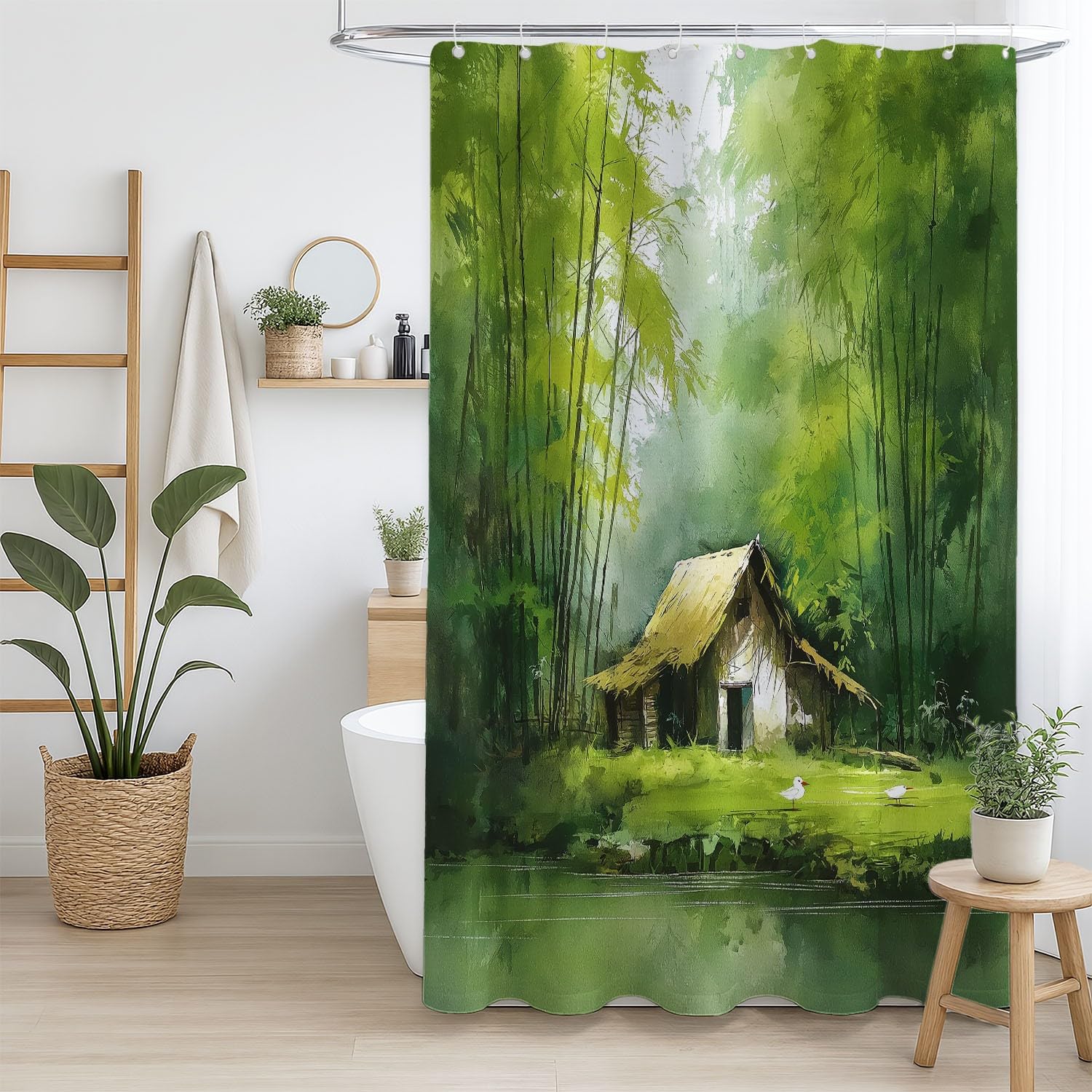 Generico Fantasia Tenda Da Doccia Calmo Elegante Paesaggio Verde, Tenda Da Doccia Per Bagno, Vasca Da Bagno, Tenda In Poliestere Impermeabile Con Ganci In Plastica, 180 x 180 cm