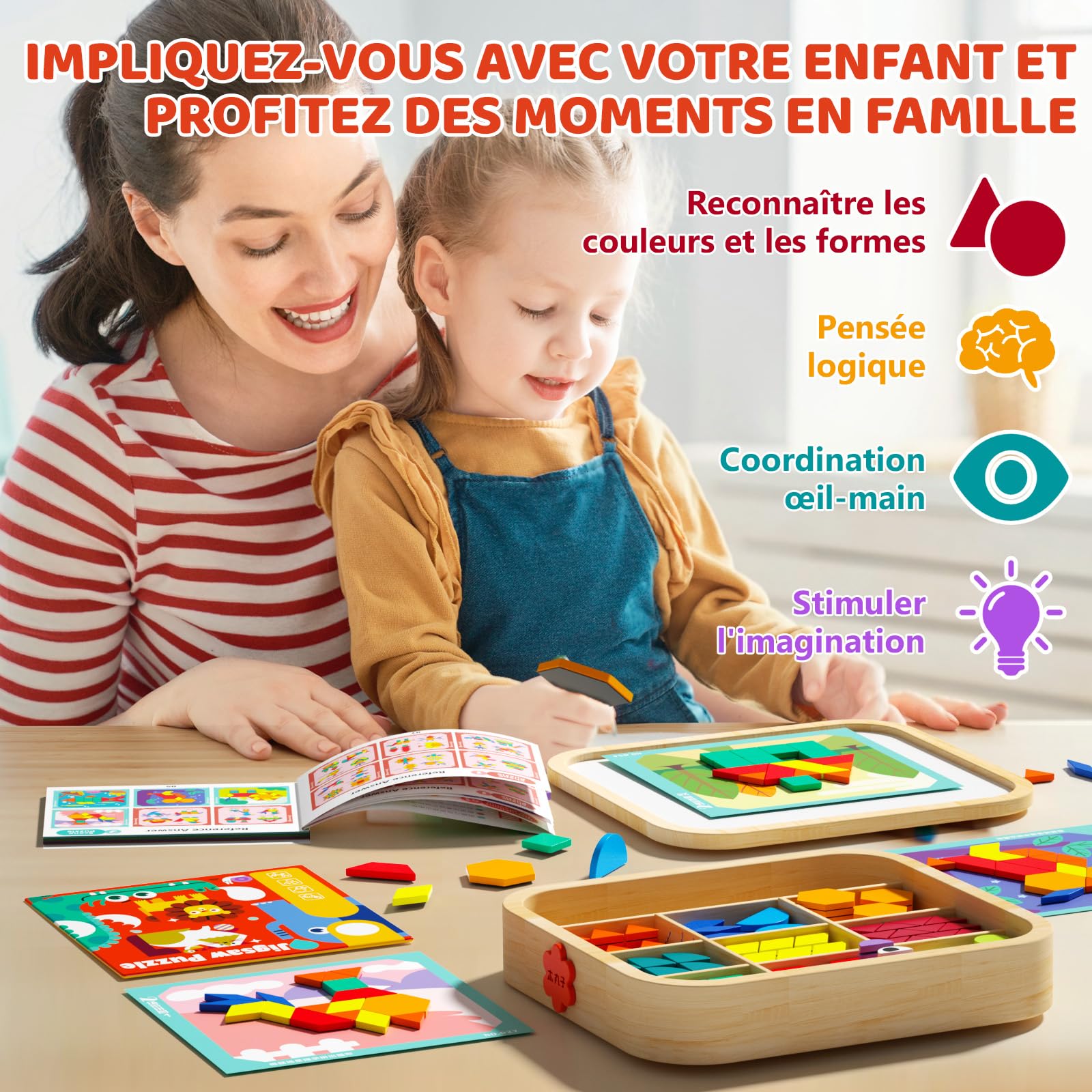 Jeu de Blocs magnétiques en Bois avec Cartes, 288 pièces, Puzzle Tangram Montessori, Jouet d'apprentissage pour Les Enfants de 3 à 5 Ans, Cadeau éducatif STEM pour garçons et Filles de 3 à 5.