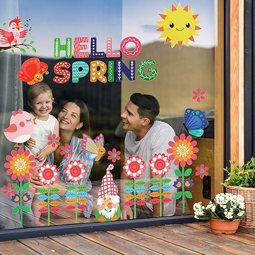 Miniatura 5 de 112 piezas de 9 hojas de calcomanías de ventana de primavera con diseño de flores de mariposa de doble cara calcomanías de ventana de abeja para