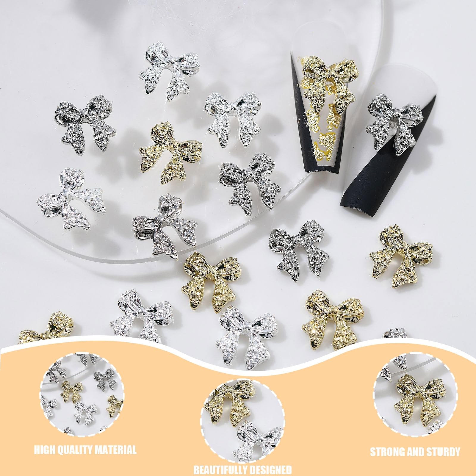OTKARXUS Bow Nail Charms,30PCS Gold Silver Metal Nail Art Bows,Bowknot Bow Tie Nail Gems Alloy Nail Art Decorations Supplies for Women Girls Manicure Design DIY Crafts (D Gold & Silver) - Image 4