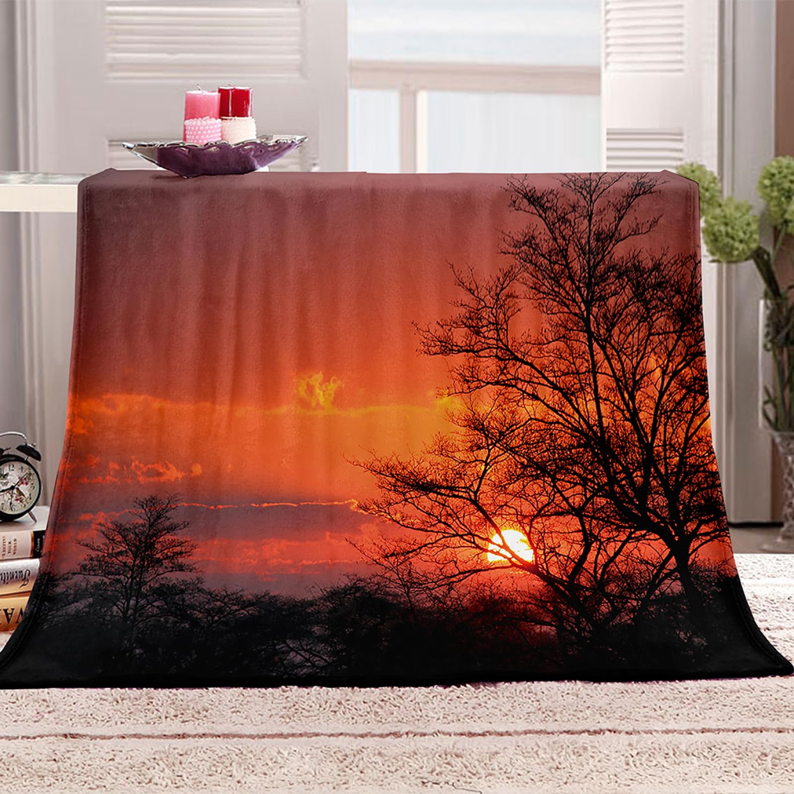 Plaid coucher de soleil rouge couverture polaire douce flanelle salon 140x200