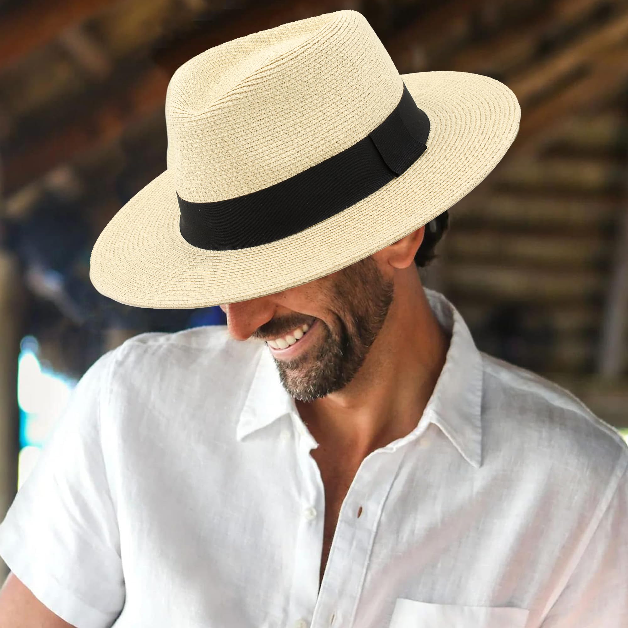 Sombrero Panamá de Verano, Sombrero de Paja Panamá para Mujer y Hombre Unisex, Sombrero de ala Ancha UPF 50 Plegable y Trenzado Intensivo