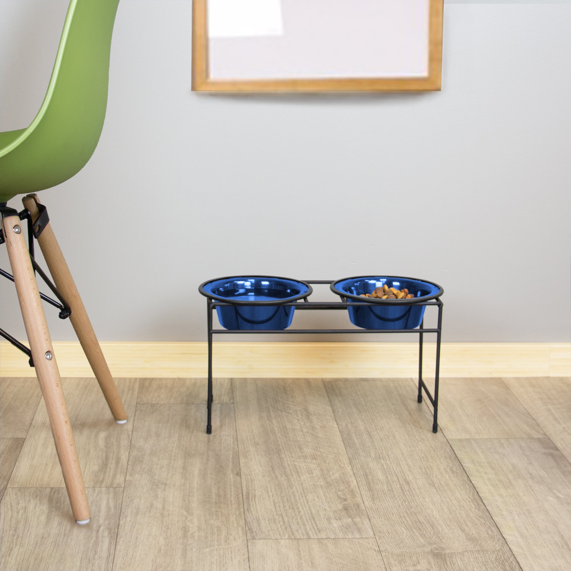 Platinum Pets Double Diner Feeder with Stainless Steel Dog Bowls, 3.5 cup/28 oz, Sapphire Blue