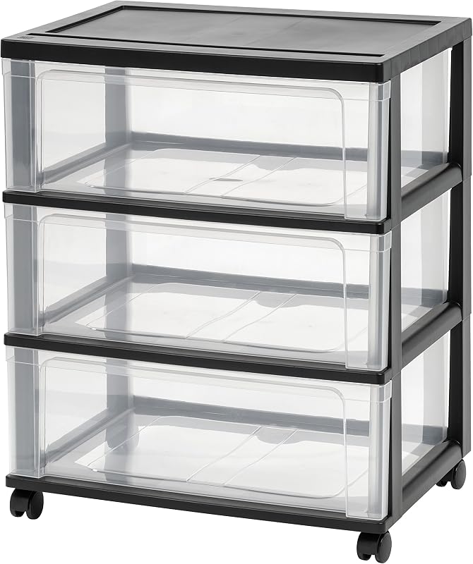 IRIS USA 3-Drawer Wide Storage Cart with Wheels, Organizer, Black | Store clothing, towels, office supplies, craft materials and household essentials with organized storage around your home
