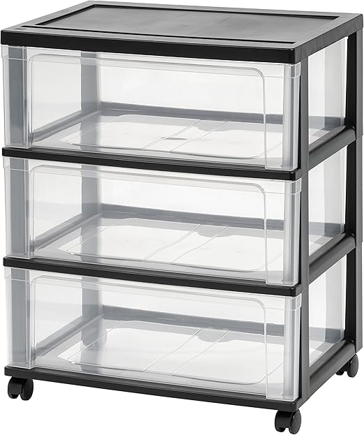 IRIS USA Plastic 3 Drawer Wide Storage Drawer Cart with 4 Caster Wheels
