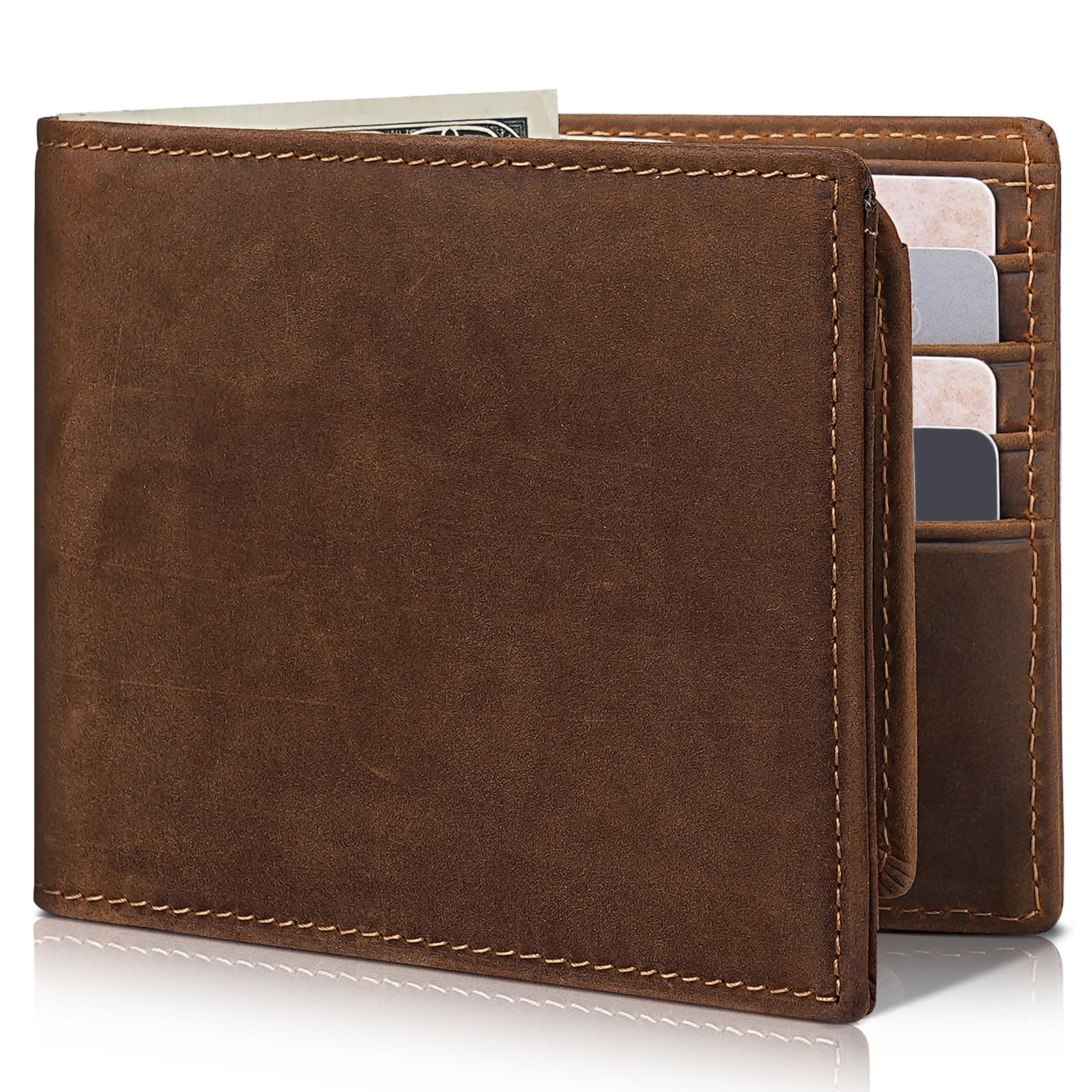 Artpaxy Mens Wallet Genuine Leather Bifold RFID Blocking Wallet for Men with 2 ID Windows 12 Card Holders 2 cash pockets 1 Gift Box