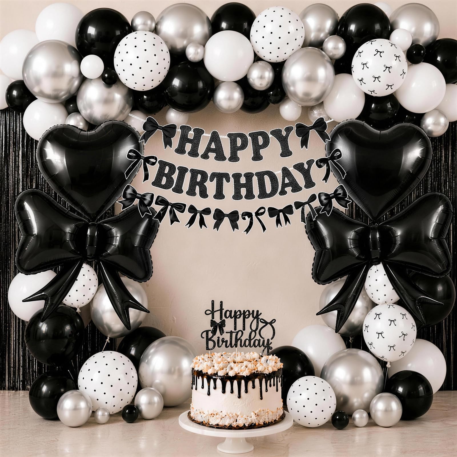 Black Bow Birthday Party Decorations, Coquette Bow Black and White Silver Balloons with Mini Bows Decor Happy Birthday Banner Fringe Curtain for Women Girls Bows Theme Bachelorette Baby Shower Party