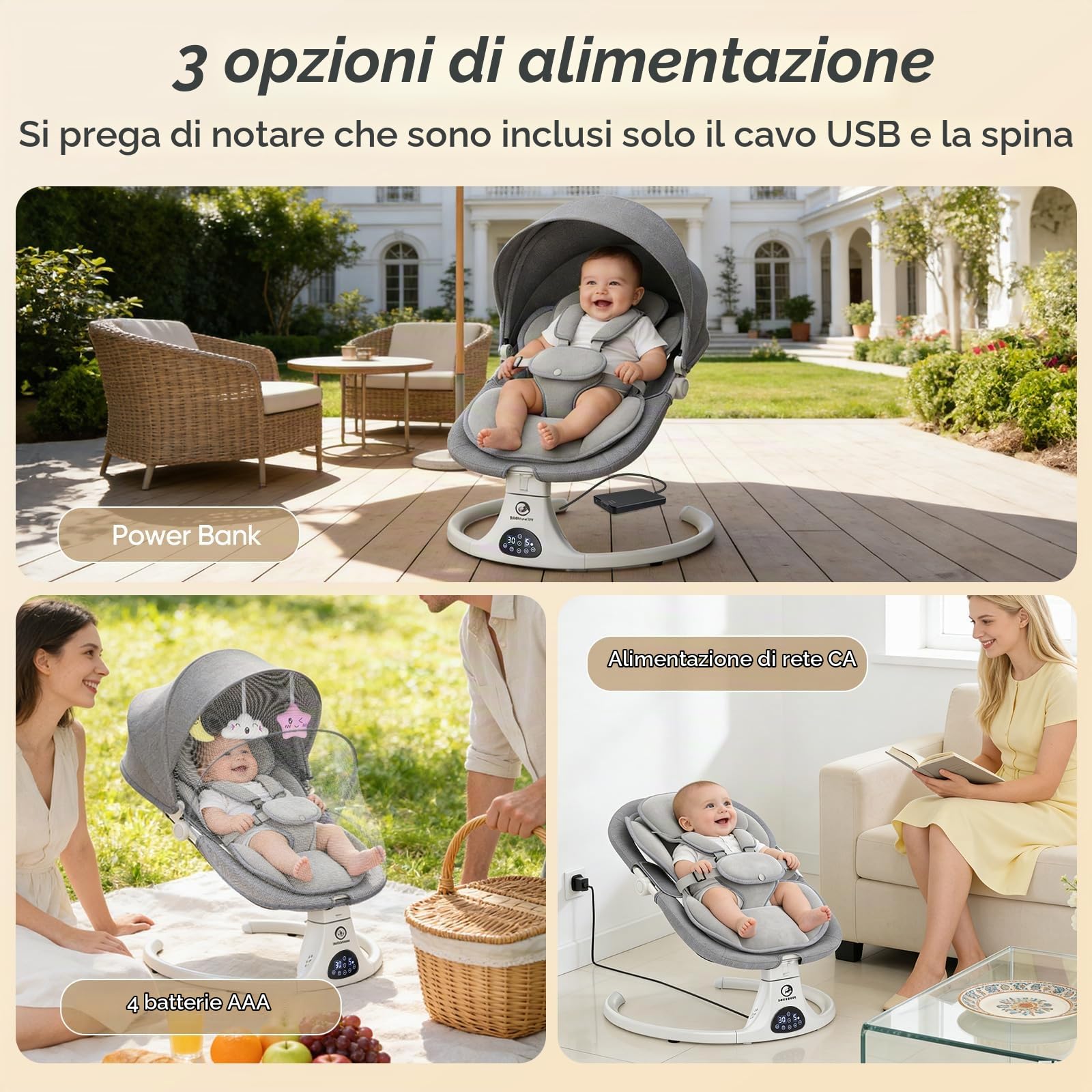 Sdraietta Neonati Elettrica, Dondolo Automatico con Schienale 3 Posizioni | 5 velocità, 12 melodie rilassanti, timer 8/15/30 min, telecomando, cuscino rimovibile, 3 alimentazioni