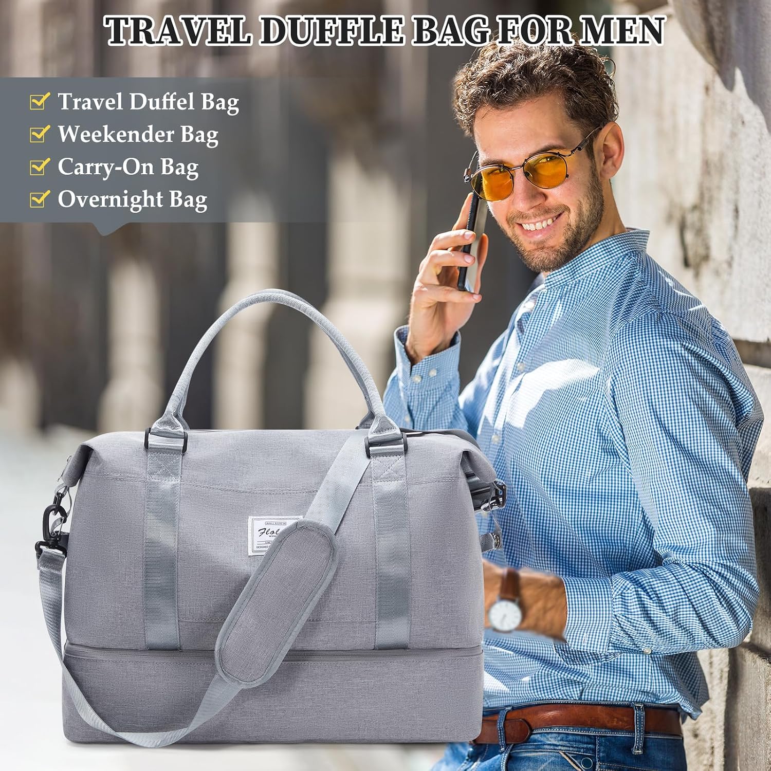 Travel Bag for Men Women, Duffle Bags for Travel, Carry on Weekender Overnight Travel Duffel Bag with Shoe Compartment & Wet Pocket,Grey&White