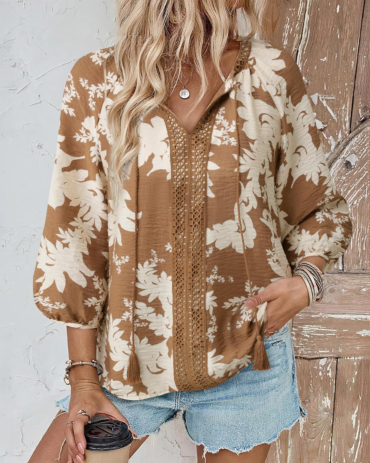 Gaharu Women's 3/4 Sleeve Boho Tops Casual V Neck Floral Print Loose Fit Blouses Tunic - Image 3