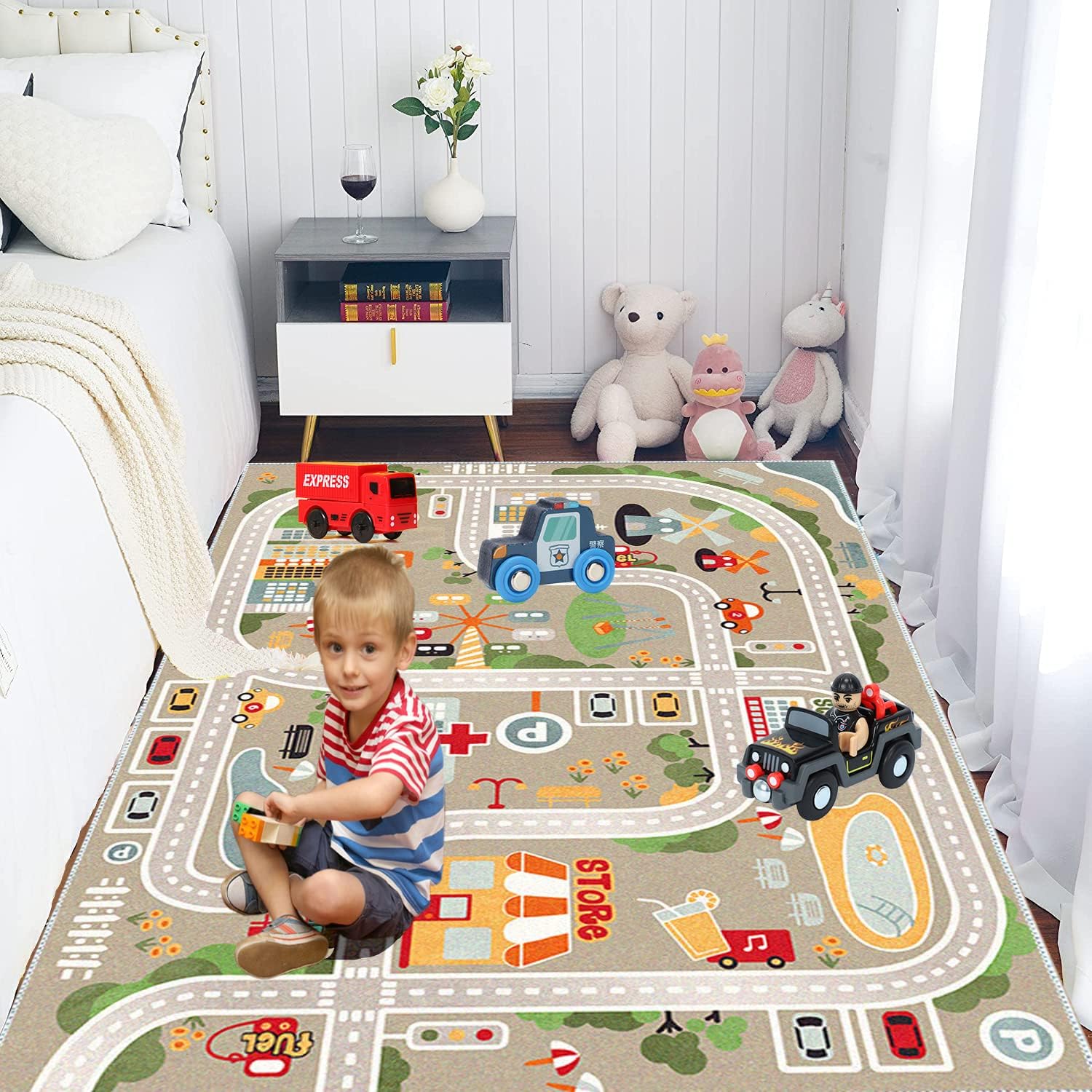 Kids Playroom Rug City Life Play Mat for Toy Cars and Trains, Play Area Rug with Rubber Backing Non-Slip Carpet, Kids Race Track Rug for Playing and Learning (2'7''X4'11''(Oblong))