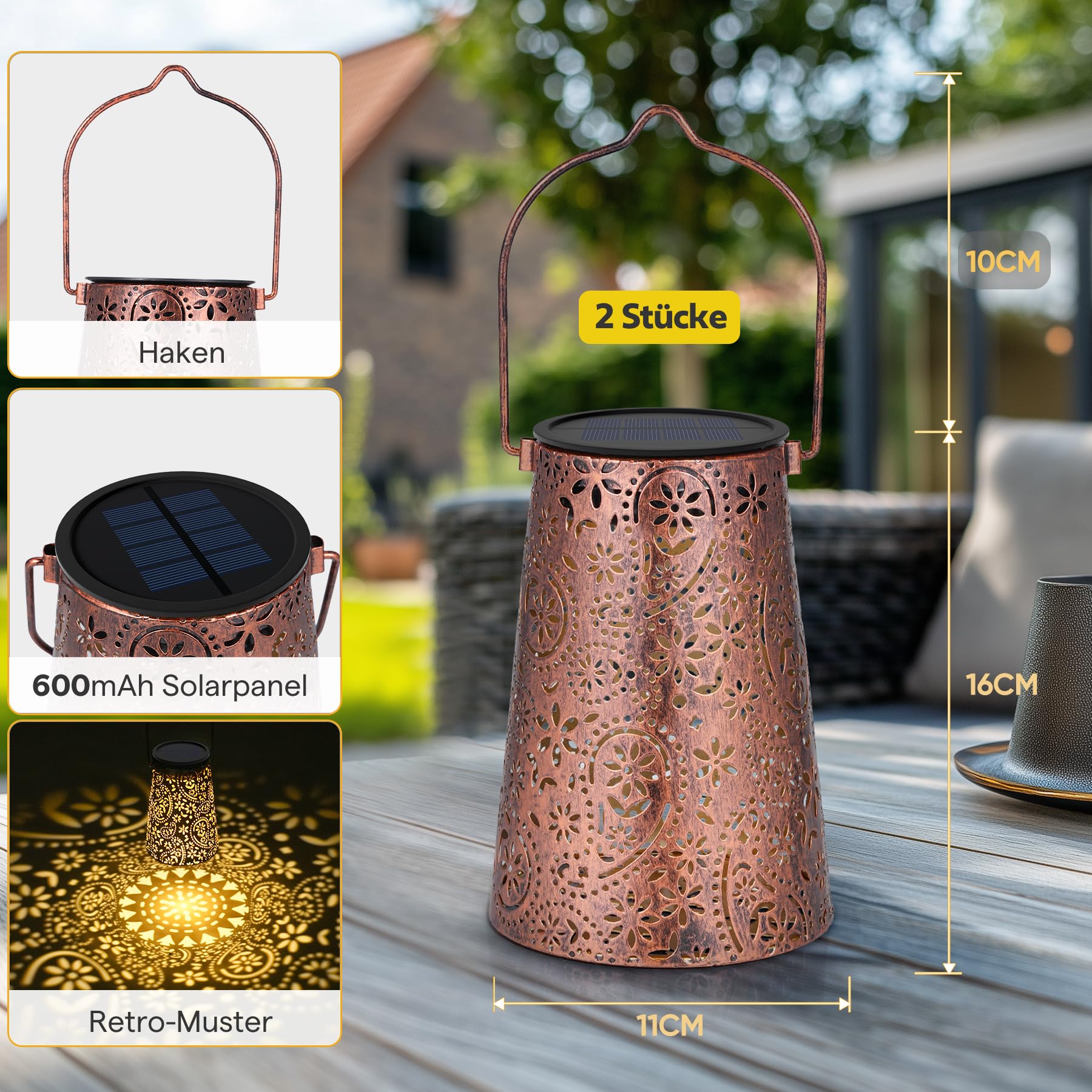 JOYCREATOR 2 Stück Solarlaterne für Außen Wasserdicht, Paisley Solar Laternen für Draußen Hängend, Metall Deko Solarlampen für Außen Garten für Terrasse Patio Baum Rasen Vintage