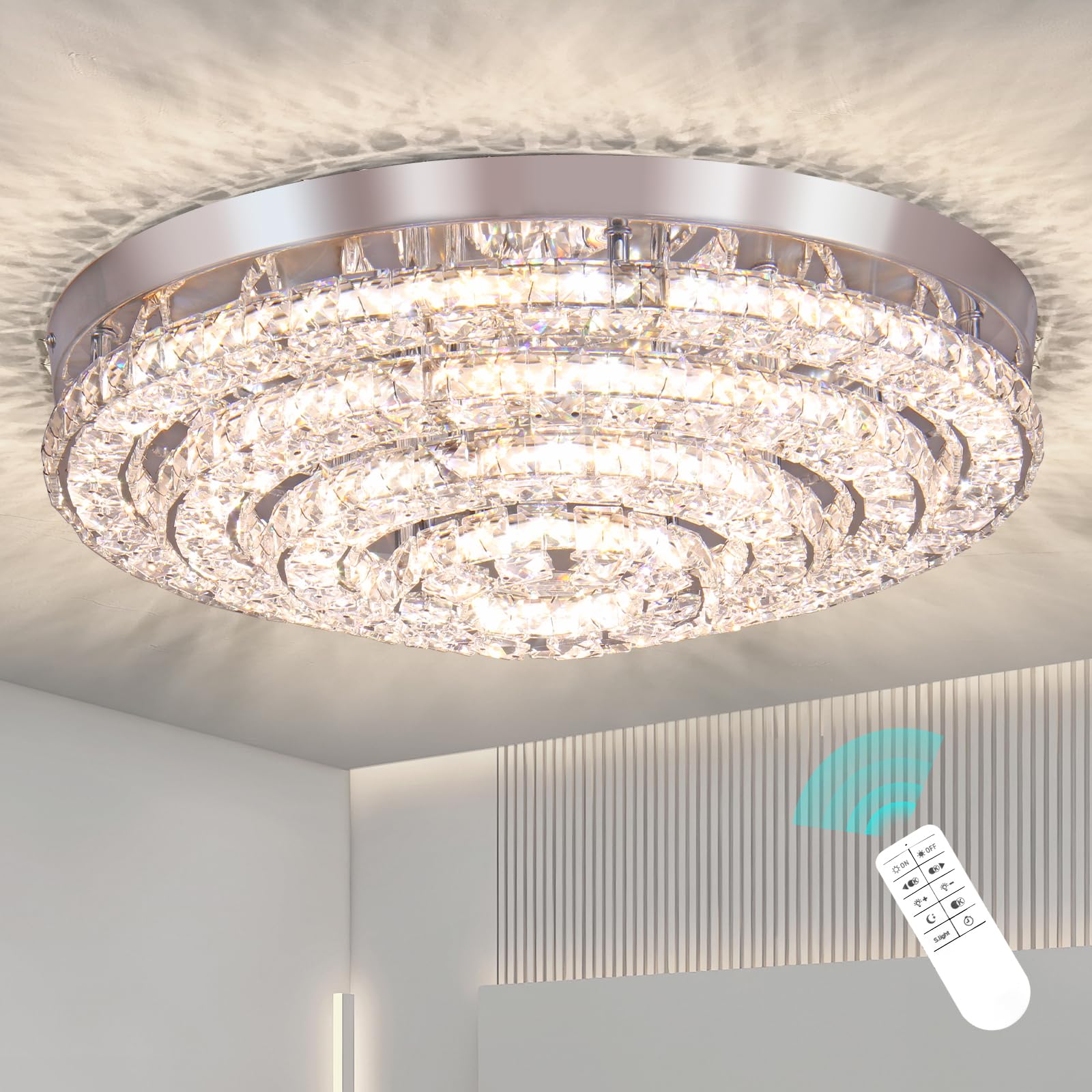 Modern LED Chandelier Flush Mount with Remote Control Dimmable Four Rings Ceiling Lamp Round Ceiling Lihgt Fixture for Bedroom Living Room Dining Room