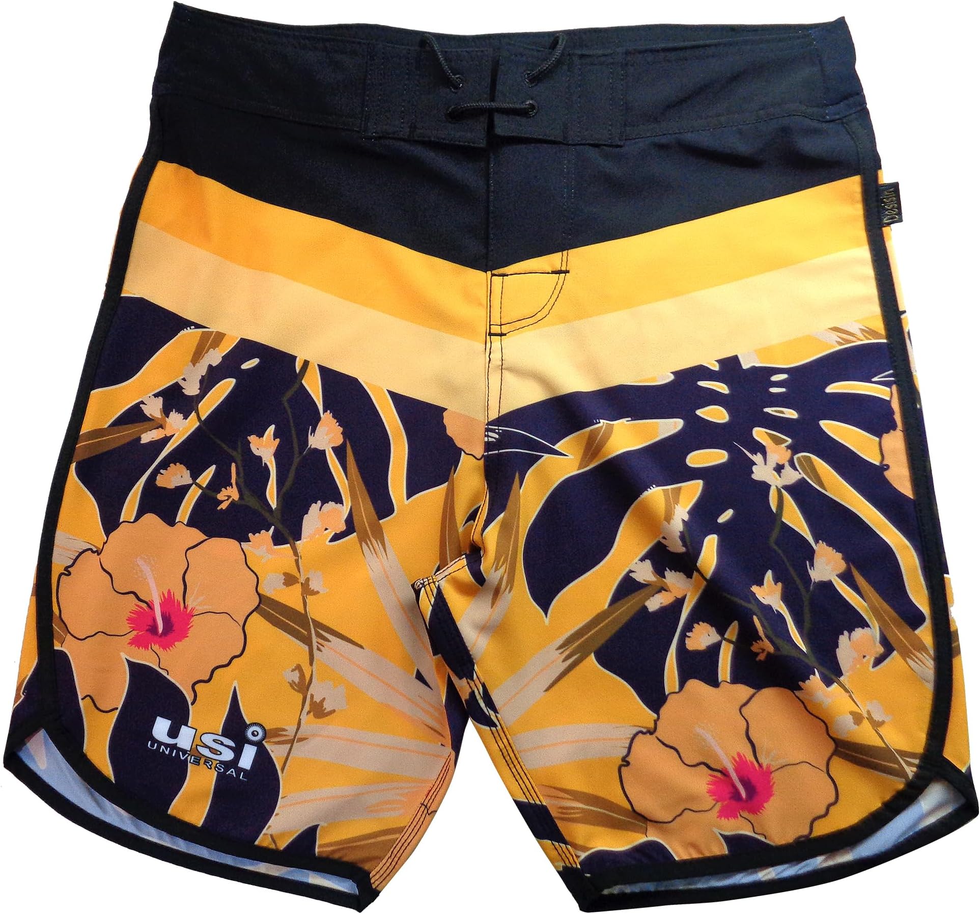 USI UNIVERSAL 411PA Aloha Physique Board Shorts, Polyester Fitness Shorts, Hook & Loop Fly, Drawstring Closure, Tailored Fit for Thin Waist & Muscular Thighs (in, Alpha, S, Regular, Gold/Black)