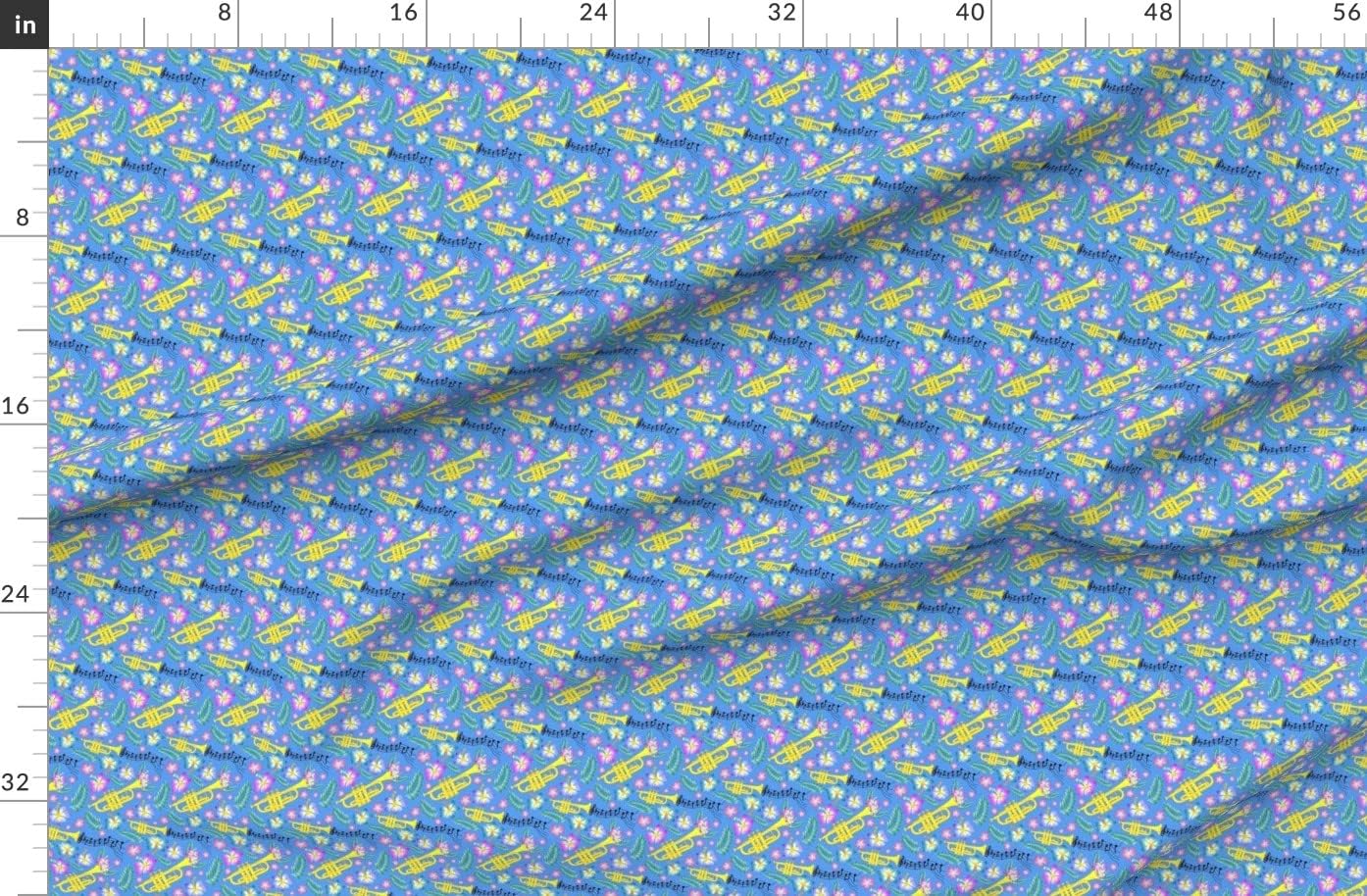 Spoonflower Fabric - Blue Trumpet Musical Instrument Classical Music Notes Hawaiian Print Printed on Organic Cotton Sateen Fabric by The Yard - Sewing Quilting Apparel Home Decor
