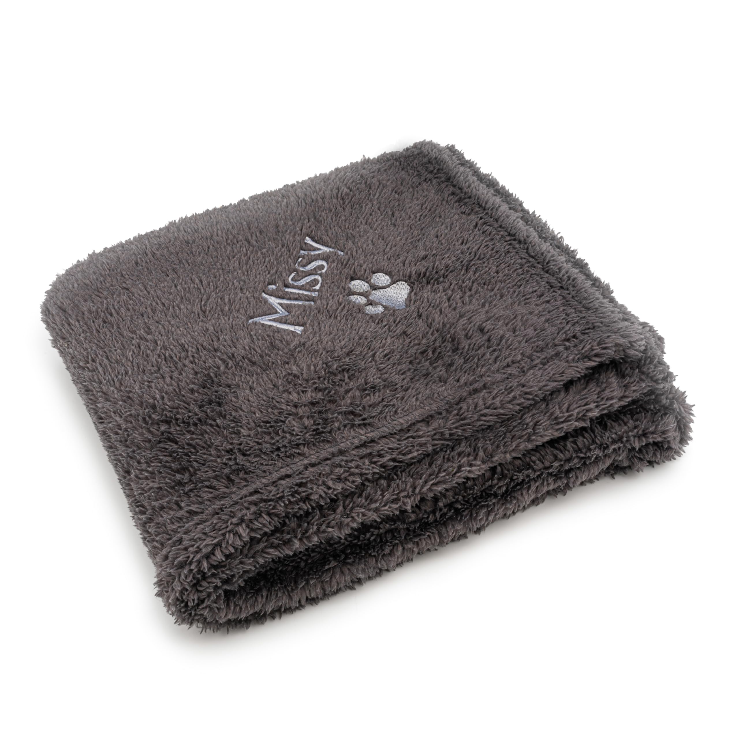 Lobeko Personalised Dog Blanket Large Teddy Bear Fleece Custom Pet Blanket with Name 120cm x 150cm Embroidered Paw Print Design Washable 5 Colours (Charcoal)