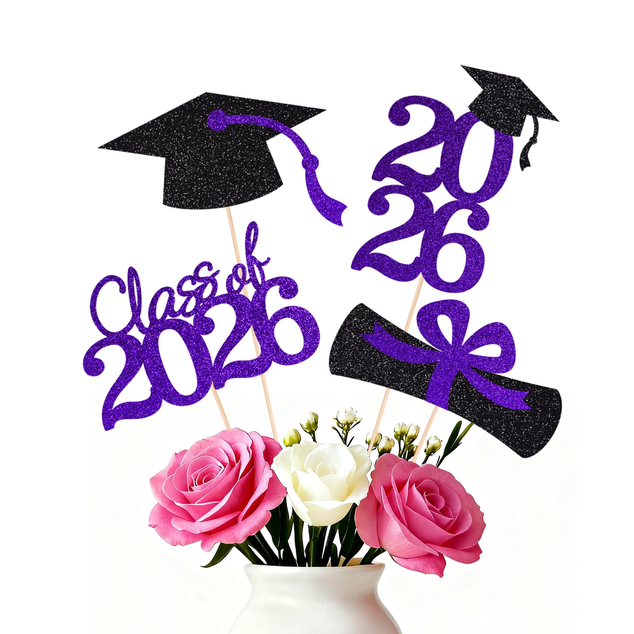 Photo 1 of Double-sided 16 PCS Graduation Cake Toppers – Purple Class of 2026 Centerpieces Picks for Graduation Theme Party Decorations Supply