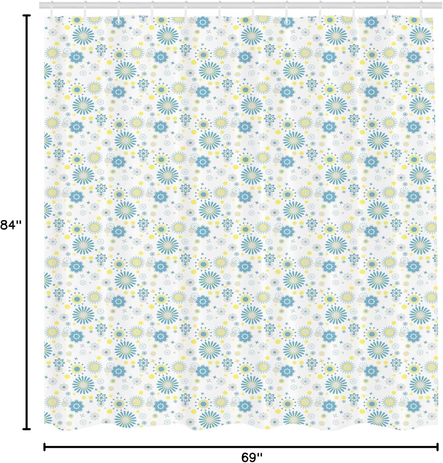 Ambesonne Yellow and Blue Shower Curtain, Spring Nature Inspired Pattern Flower Scrapbook Style, Cloth Fabric Bathroom Decor Set with Hooks, 69" W x 84" L, Blue Yellow Pale Grey