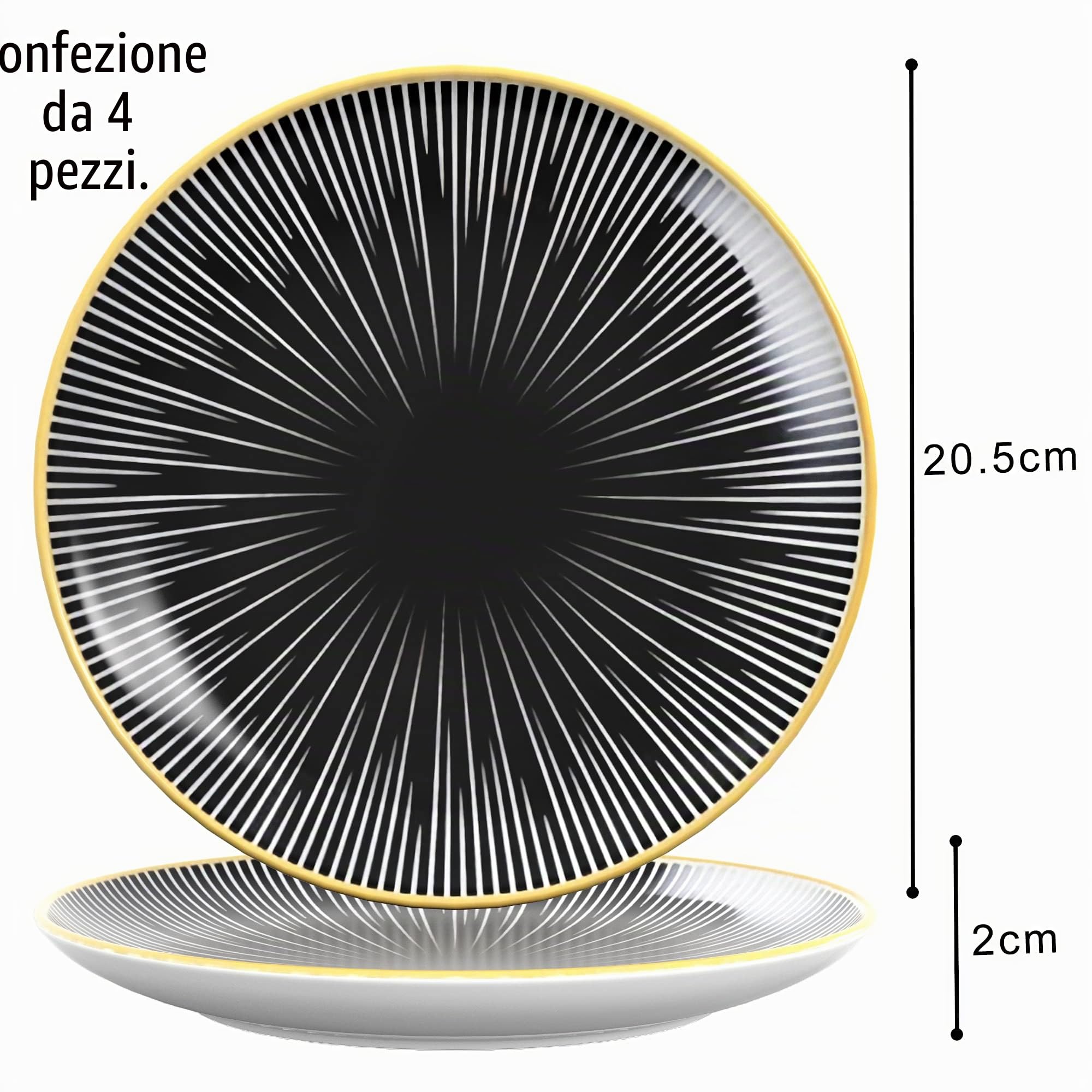 INTIRILIFE 4x piatti in porcellana in a Strisce - Nero Bianco con Nero - Diametro 20.5 cm - Piatto da colazione, piatto da dessert, piatto da portata per insalata, frutta, pasta, dessert e snack