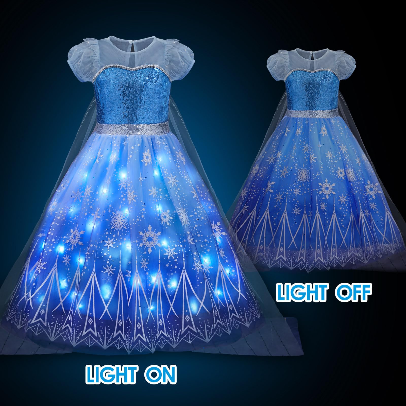 Davvew Abito da Principessa per Ragazze, Costume Luminoso a LED, Corona Magica con Bacchetta Magica per Feste in Carnevale, Halloween, Natale