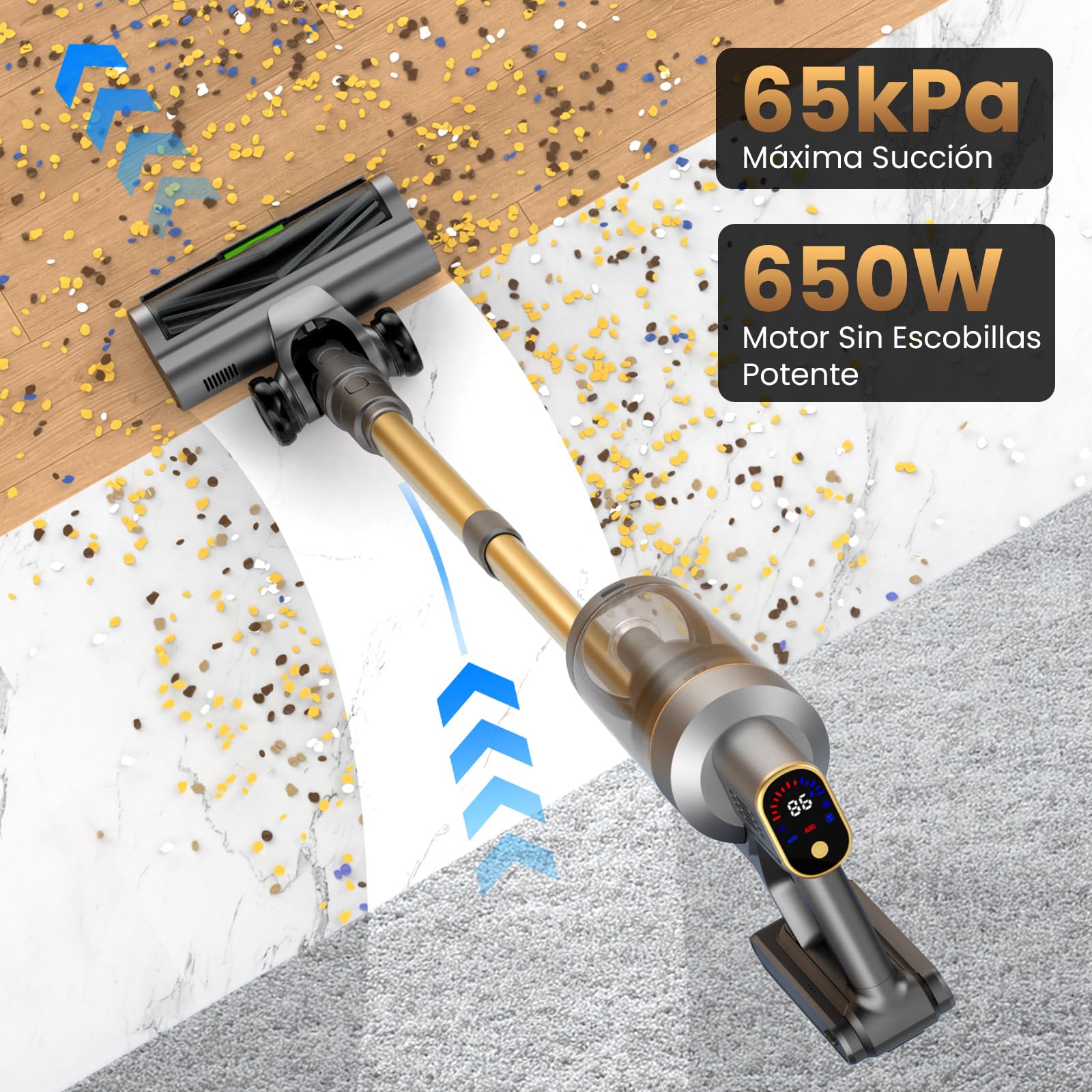 Aspiradora Sin Cable 65kPa/650W/75Min, Escoba Aspiradora sin Cable de 1.6L, Sistema de Asistencia Ergonómica, Aspirador Inalámbrico Antienredo, Ideal para Suelos, Alfombras y Pelo de Mascotas