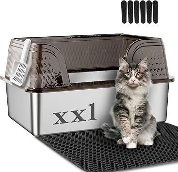 Suhaco XXL Stainless Steel Litter Box with High Sided Deep Side Entry Deep Extra Large Metal Litter Box Included Mat & Scoop Anti-Urine Leakage Cat Litter Boxes for Big Cats Black