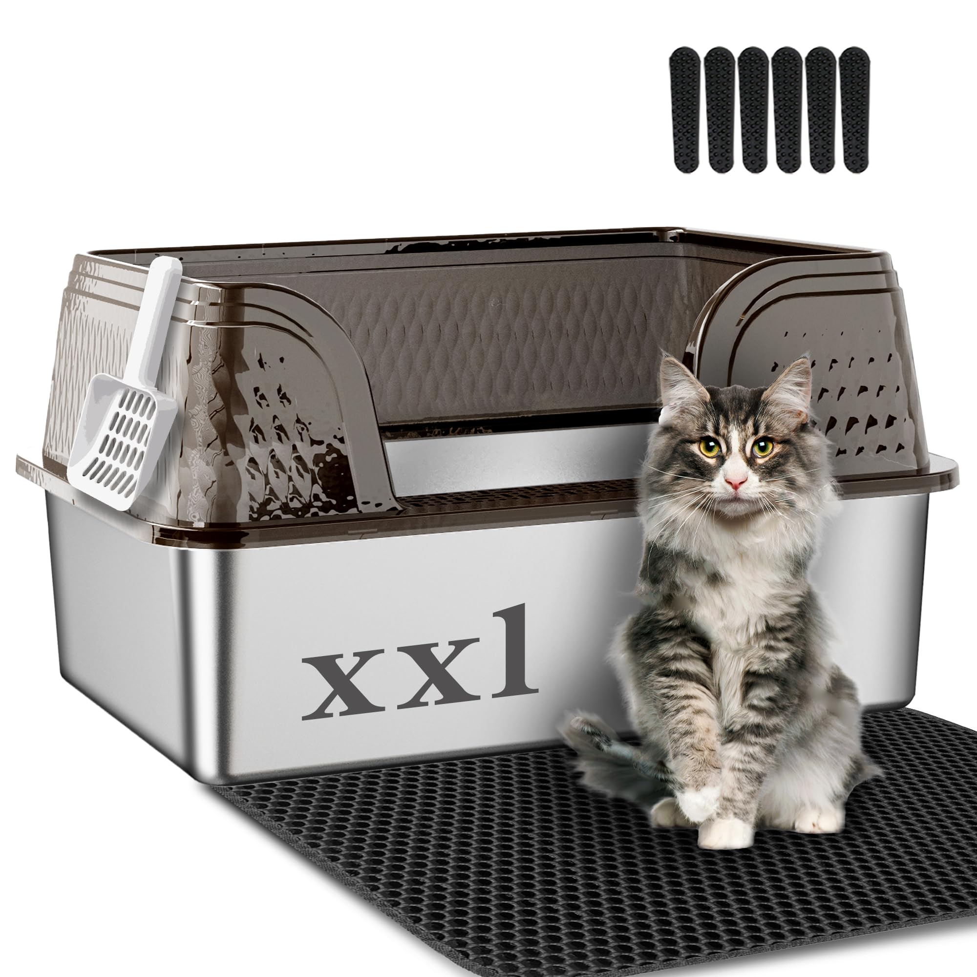 Suhaco XXL Stainless Steel Litter Box with High Sided Deep Side Entry Deep Extra Large Metal Litter Box Included Mat & Scoop Anti-Urine Leakage Cat Litter Boxes for Big Cats (Black)