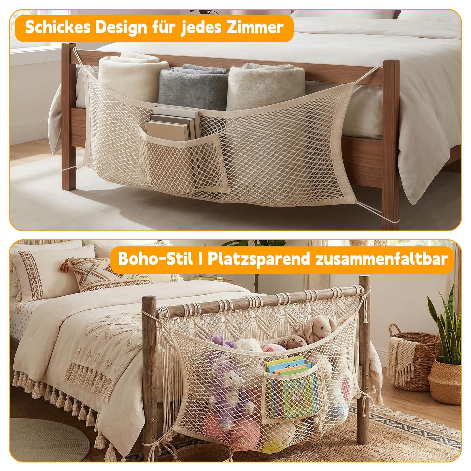 Meetory Rete per animali di peluche – 2 pezzi sul lato del letto, organizer in tessuto Boho macramè, da appendere, in cotone elastico, per cameretta dei bambini, camera da letto