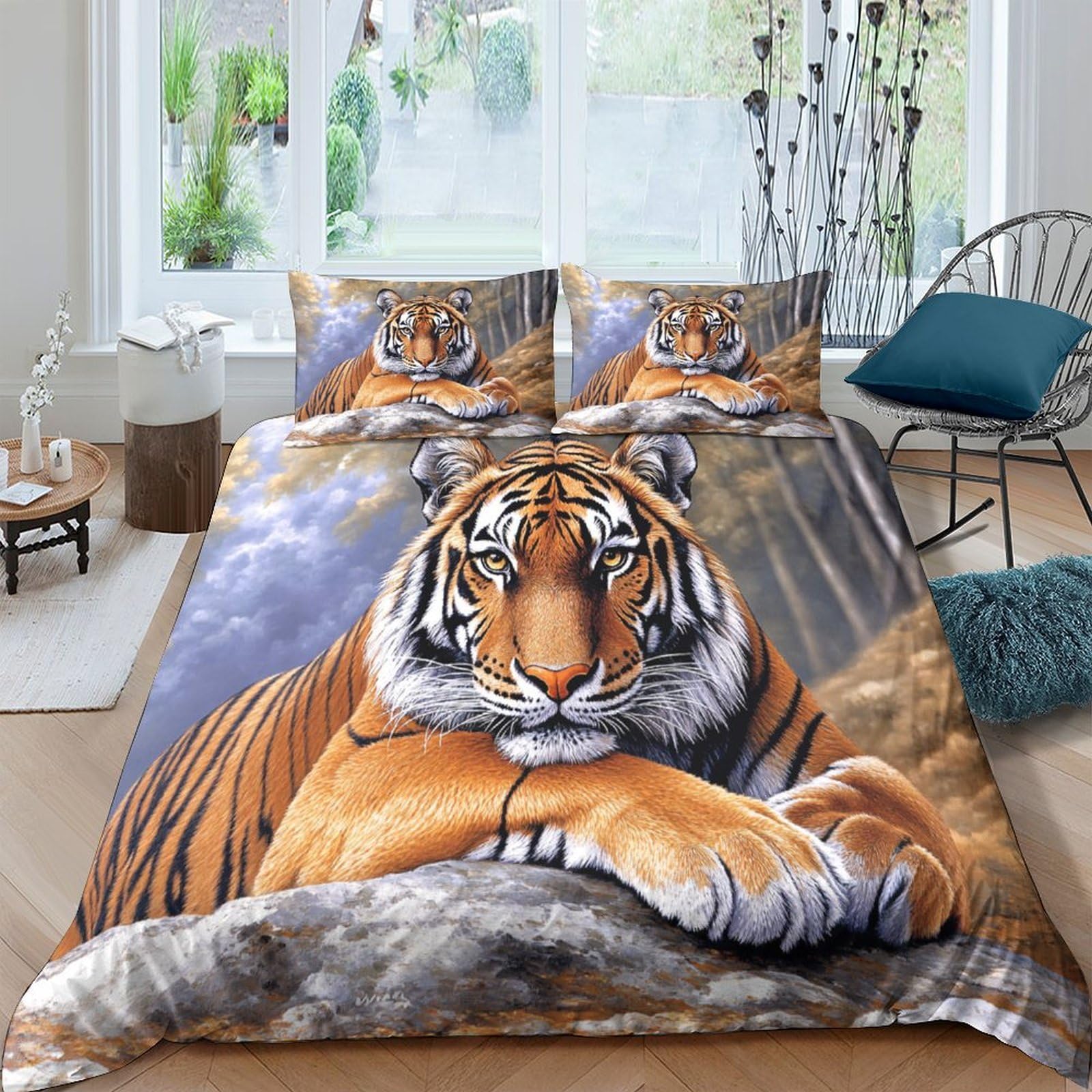 GPLZQXKJNH 3D Printed Tiger Wildlife Duvet Cover Microfiber Soft Breathable Forest Animal Bedding Set with 2 Pillowcases for Bedroom Decor Single（135x200cm）