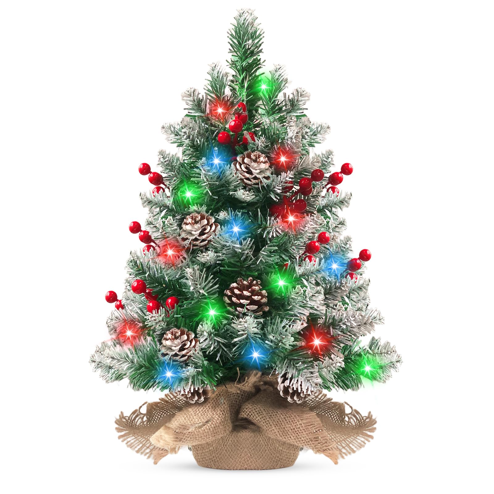 Christmas Tree, Pre-lit Small Xmas Tree with 30 LED String Lights Locking Snow Frost Tips with Berries and Pine Cones Tabletop Christmas Tree Mini Artificial Tree for Christmas Decoration 20inch/52cm