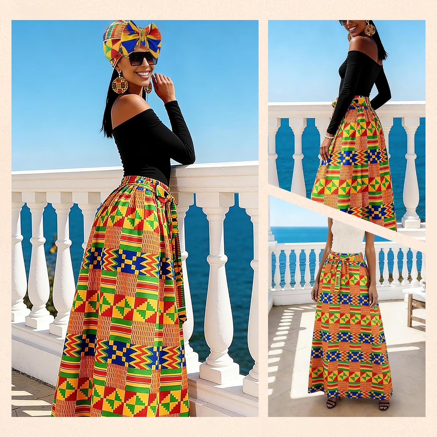 5 Pcs Women African Maxi Skirt Set Casual Printed Traditional Costume Head Scarf Drop Dangle Earrings Necklace Bead Bracelets - Image 8