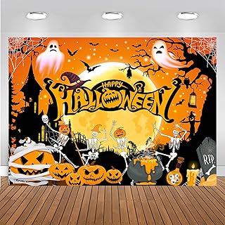 Mocsick Happy Halloween Backdrop for Photography Orange Night Moon Halloween Party Decoration Trick or Treat Skull Pumpkin Spider Halloween Banner Photo Booth Props (Orange, 8x6ft(96'x72'))