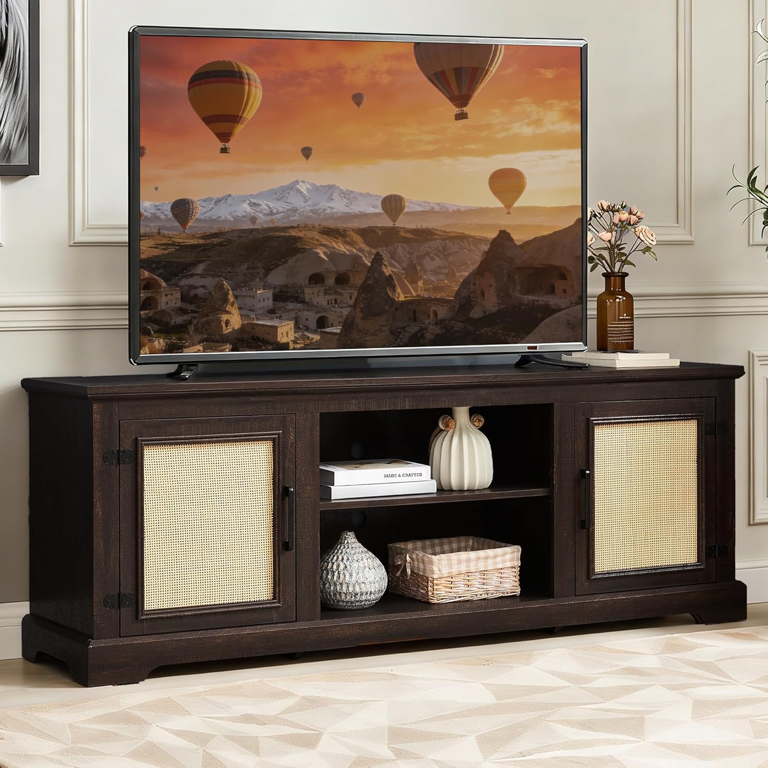65" Mid-Century Modern TV Stand for TVs up to 75", Entertainment Center with Rattan Doors, Storage Cabinets & Adjustable Shelves, Wooden Media Console for Living Room & Bedroom (Espresso)