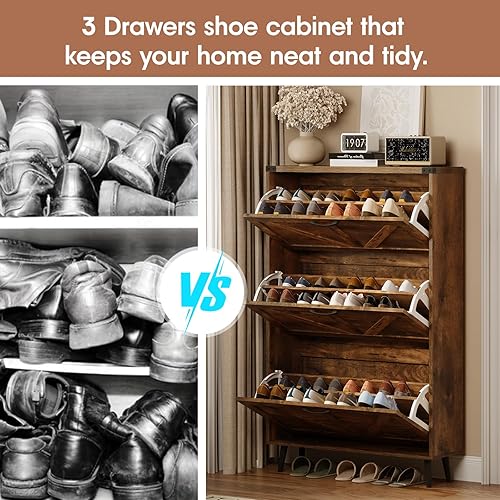 Miniatura 63 de Zapatero con 2 cajones abatibles y almacenamiento abierto, armario de almacenamiento de zapatos de granja para entrada, estante organizador estrecho