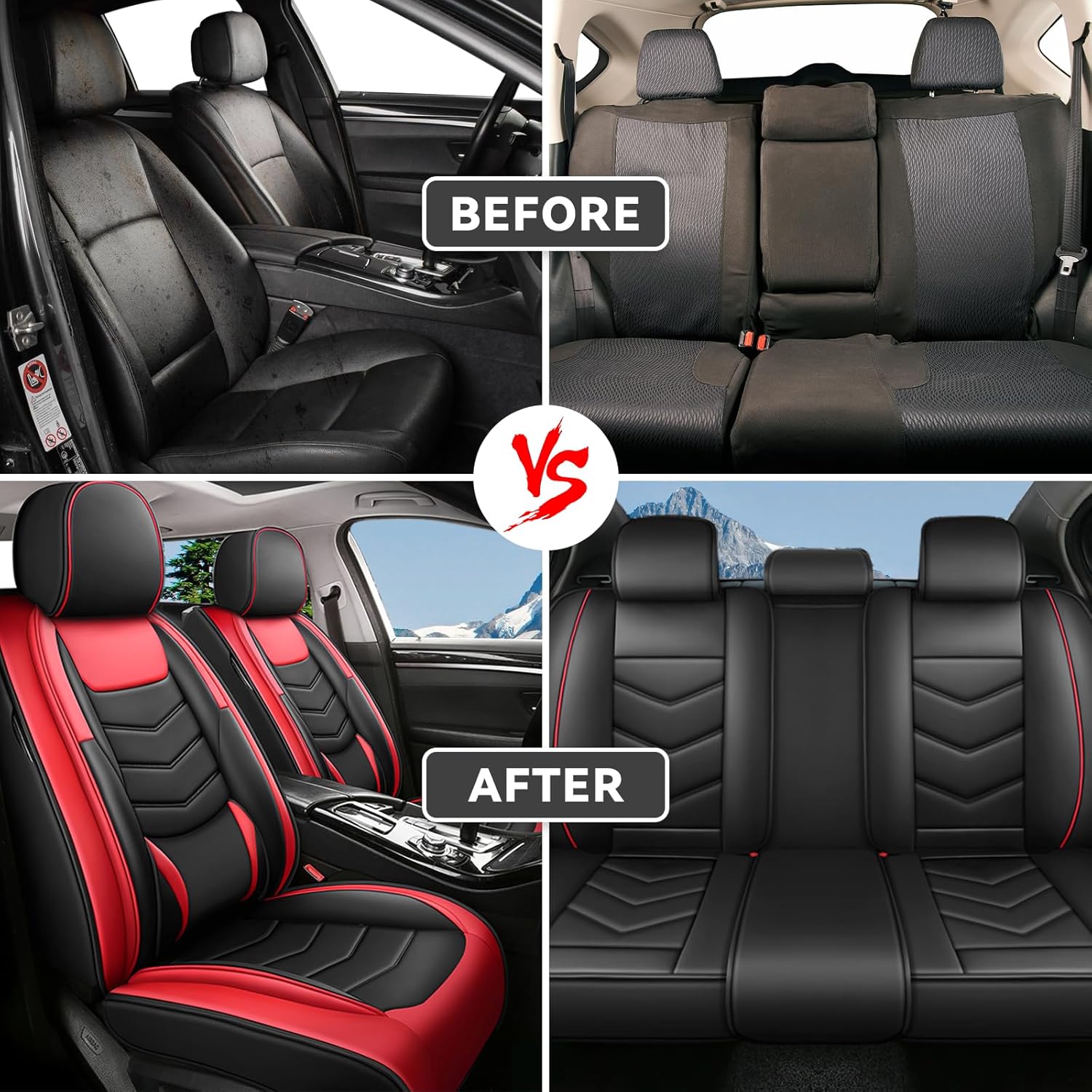 Car Seat Covers Fit for Ram 1500 2011-2025 Truck Sports Seat Cover with Premium Nappa Leather, 3D Lumbar Support, Detachable Head DesignFull Set, Black Red