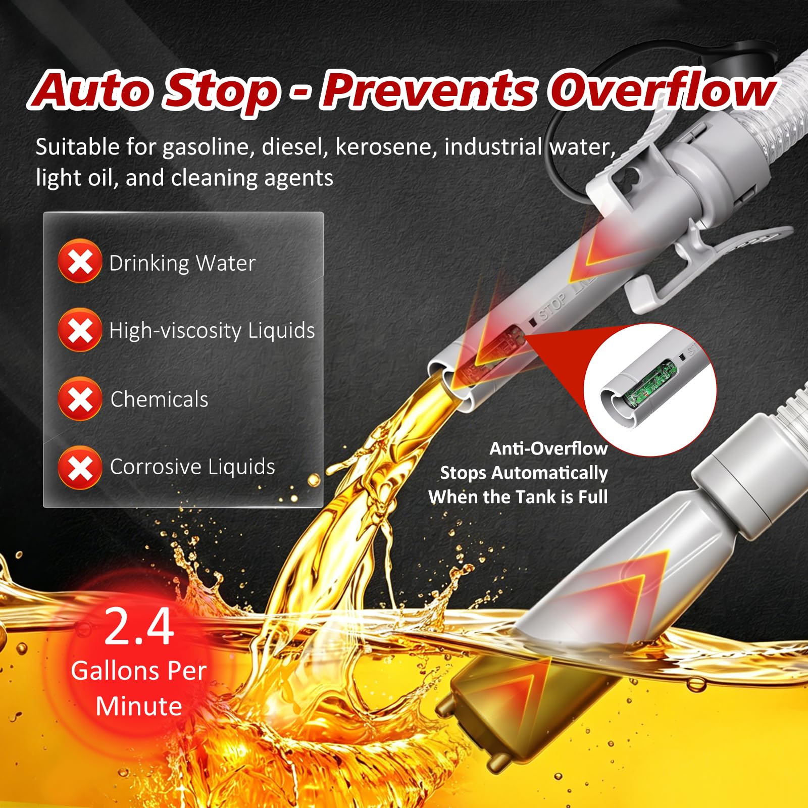 Pompe Électrique pour Carburant avec Stop Automatique - Essence, Gaz, Diesel, USB pompe électrique à essence avec 4 tailles d'adaptateurs et tuyau
