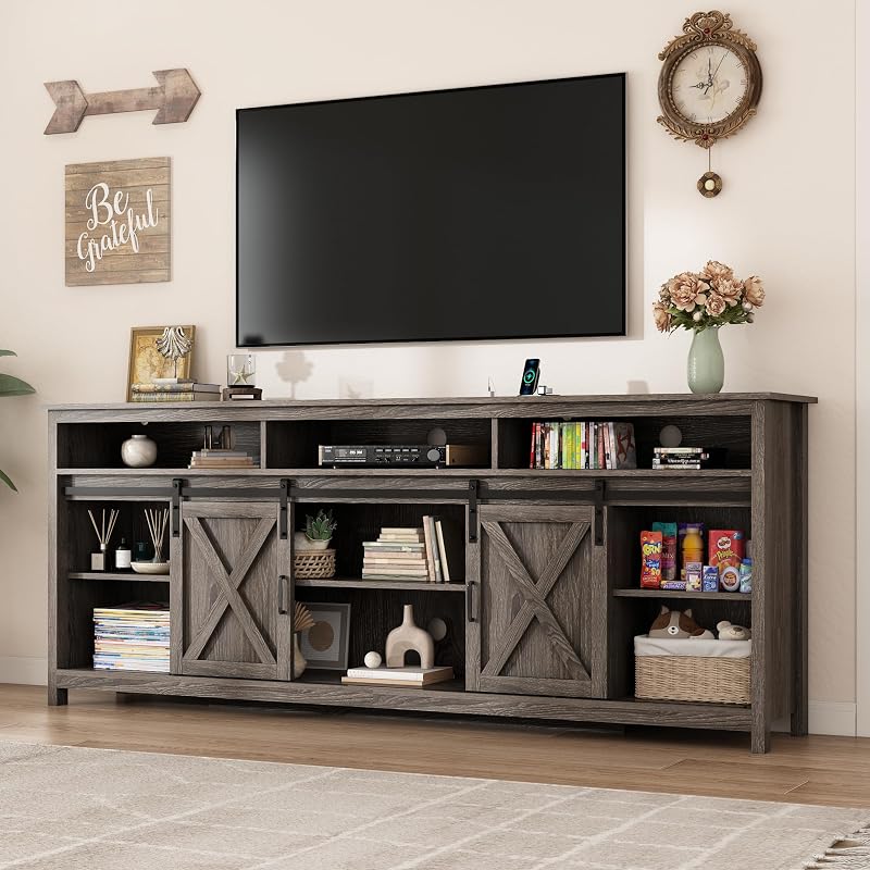 80" LED Farmhouse TV Stand for 90/85/80 Inch TVs,Tall Entertainment Center Storage Cabinets w/Power Outlets and Sliding Barn Door,Rustic TV Stands for Living Room,Media Console Cabinet (Charcoal) image 7