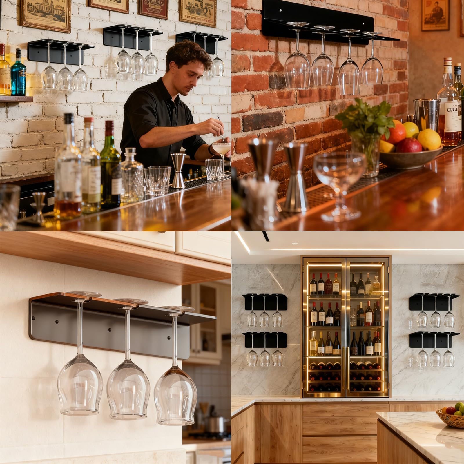 3 Pezzi Porta Bicchiere da Vino Sospeso Supporto per Calici da Vino Metallo Portabicchieri Sospeso da Parete Senza Foratura Portacalici Sottomensola per Cucina Bar Ristorante (Nero)