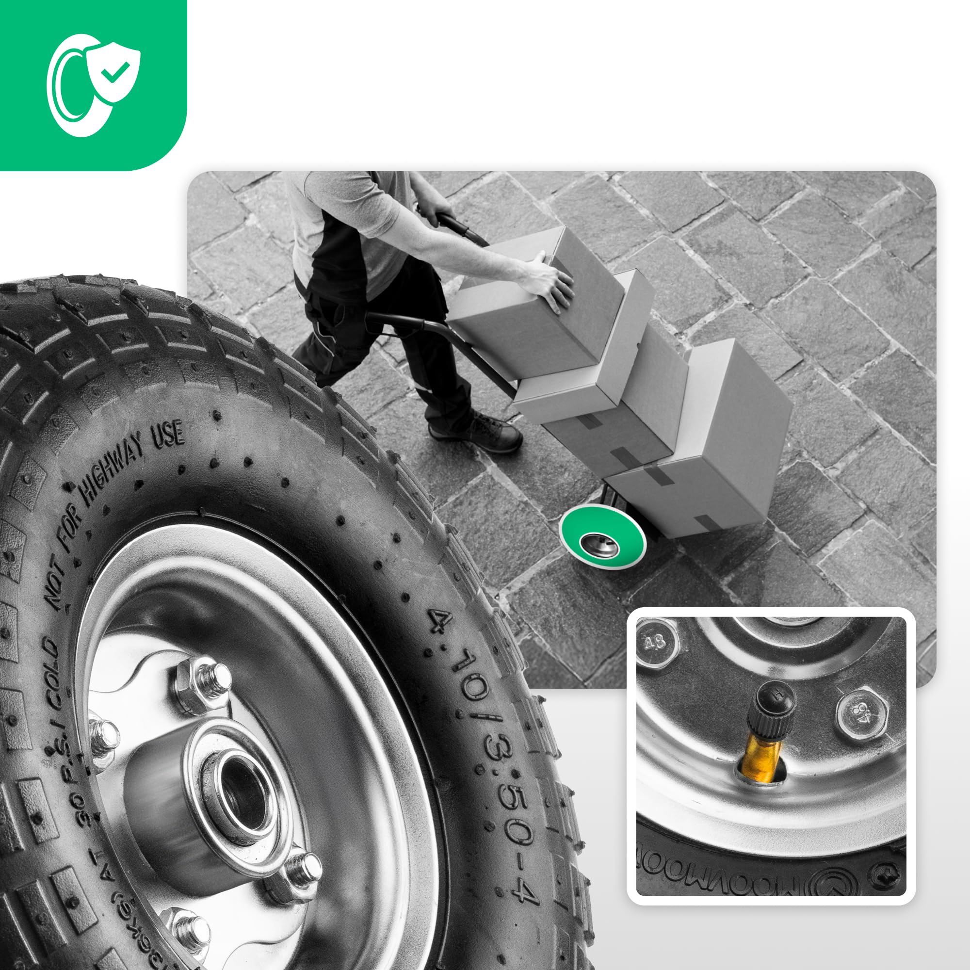 MOOVMOOV Roue gonflable 4.10/3.50-4 (x2) Alésage 20mm - Pour diable, chariot et brouette. Roue complète : pneu + chambre à air avec valve coudée + jante acier avec roulements à billes
