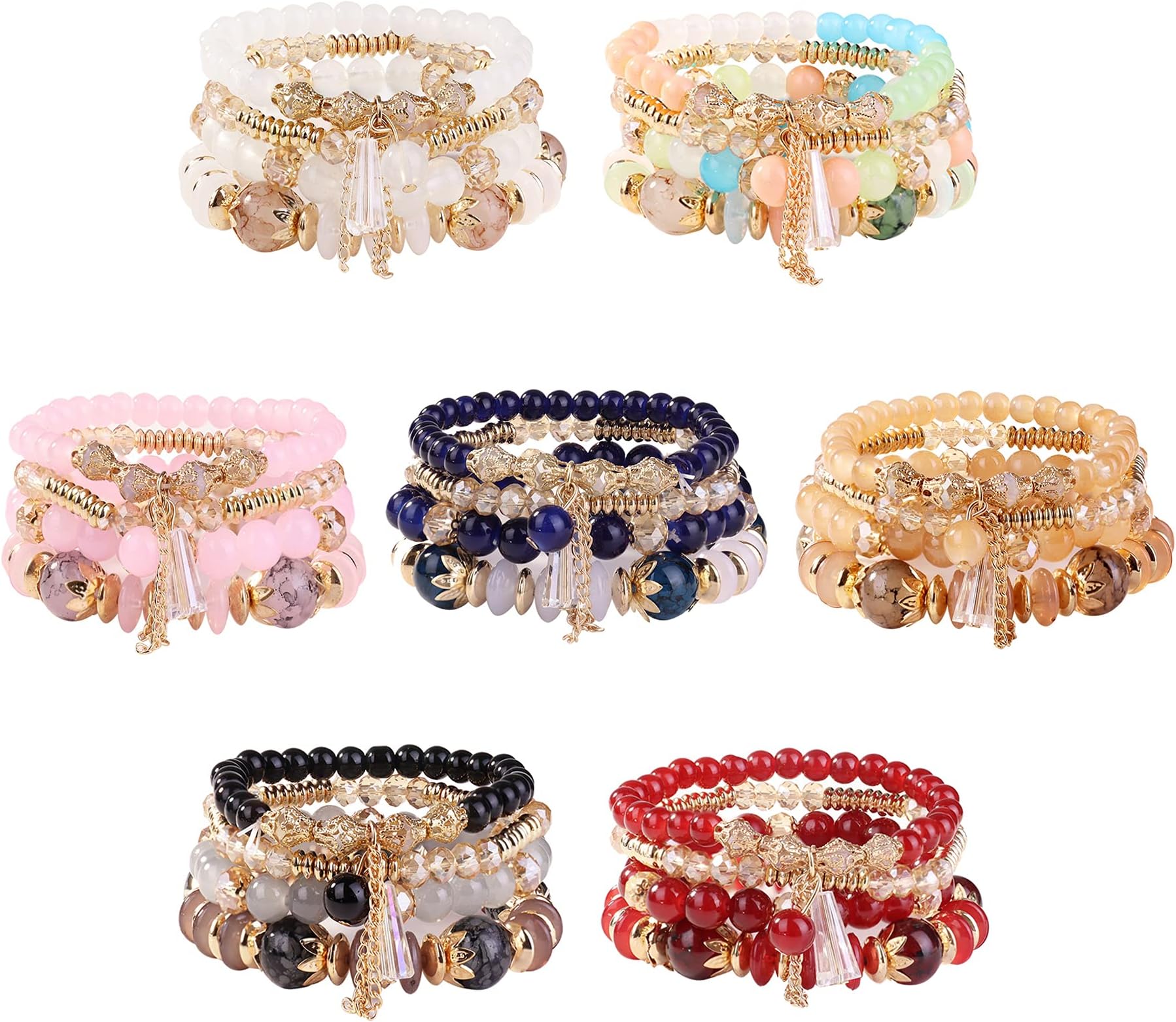 YADOCA7 Sets Bohemian Stackable Beaded Bracelets for Women Men Boho Stretch Multilayered Bead Bangles Bracelet Set with Charm Multicolor Statement Jewelry