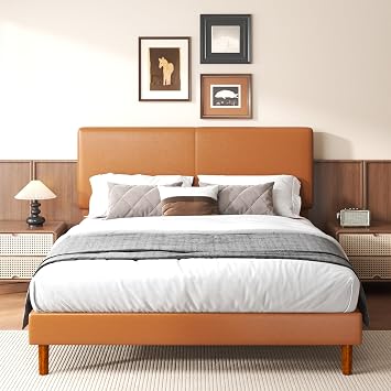 Full Upholstered Platform Bed Frame with Headboard, Faux Leather Modern Bed Frame with Wood Slat Support, No Box Spring Needed, Easy Assembly, Orange-Brown