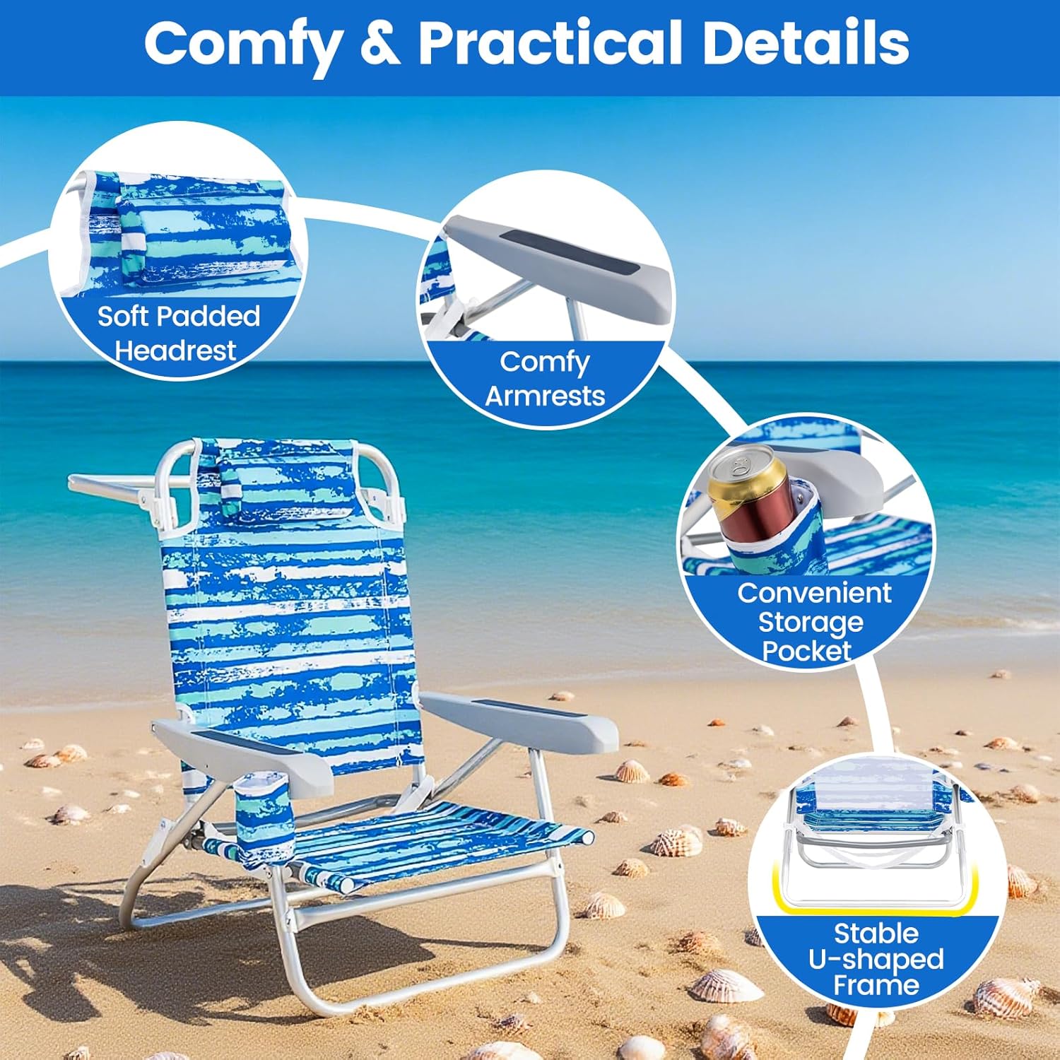 GYMAX Beach Chairs, 2Pcs Folding Camping Chair with Adjustable Backrest, Shoulder Strap, Cup Holder & Headrest, Portable Aluminum Lounger for Tanning, Sunbath, Lawn, Patio (Blue, 2 Chairs)