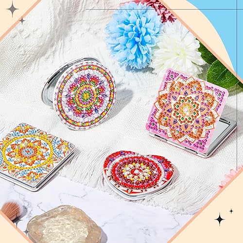 Miniatura 3 de Marsui Espejo compacto de pintura de diamante con mandala, espejo de bolsillo con cubierta de pintura de diamante, aumento portátil, plegable,
