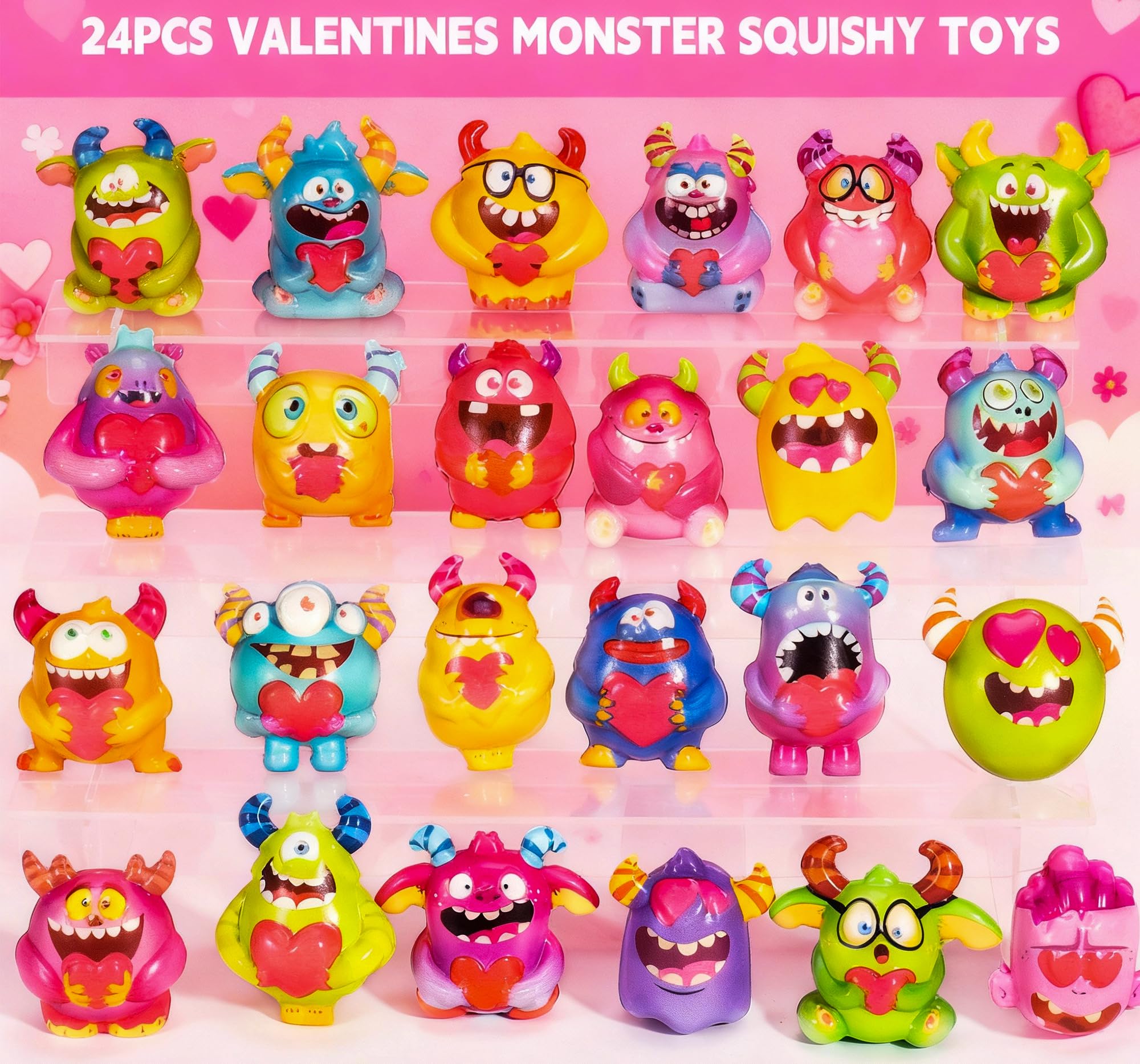 24 szt. Monster Squishy Toys prezenty walentynkowe z kartkami dla dzieci, upominki na przyjęcie dla dzieci, galentyńska wymiana prezentów szkolnych, nagrody w klasie, wypełniacze do torebek cukierków