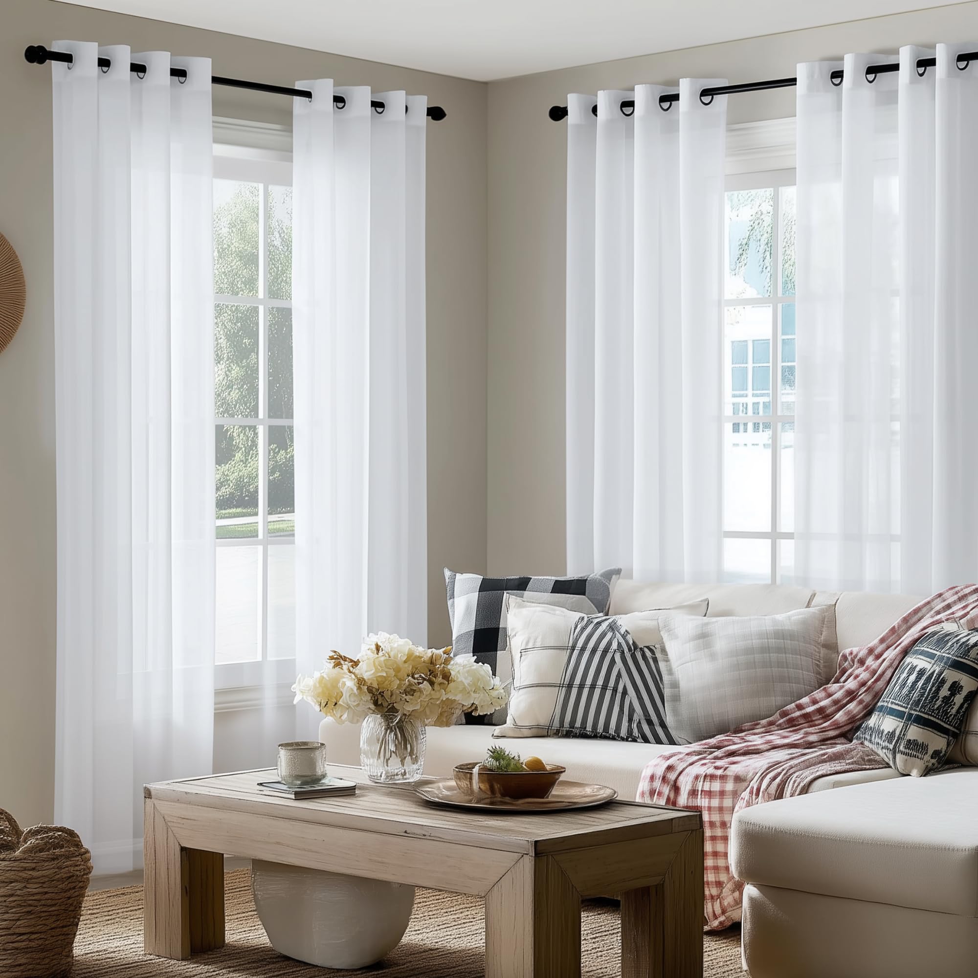 PONY DANCE Tende Moderne per Soggiorno con Effetto Lino 4 Pezzi 140x245 CM Tende Bianche Soggiorno Decorazione Curtains Trasparenti con Anelli per Cameretta Bambini