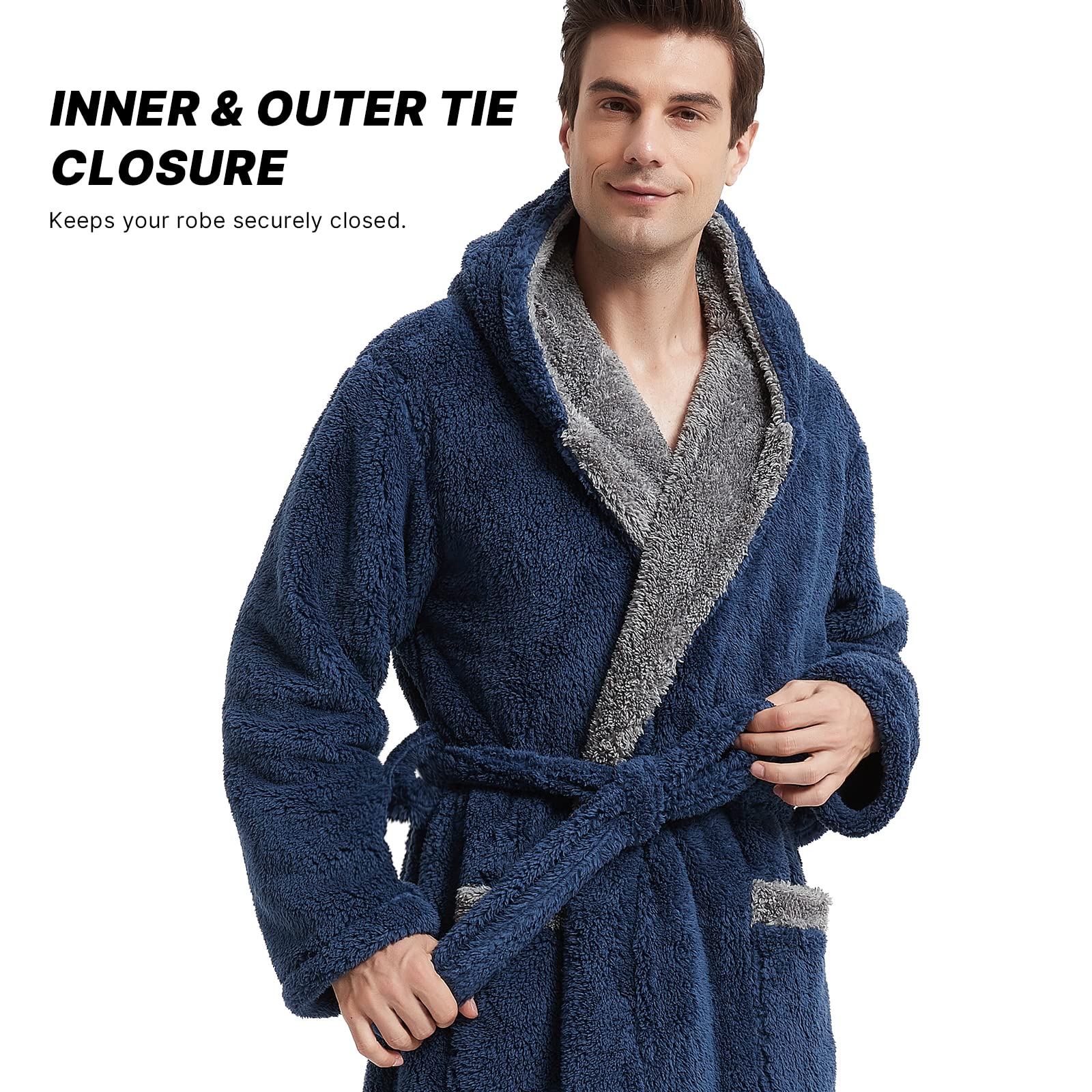Akakios Men's Soft Plush Fleece Robe with Hood - Full Length Luxury Bathrobe with Pockets, Big and Tall Bath Robe for Men, Navy Blue, Large 2