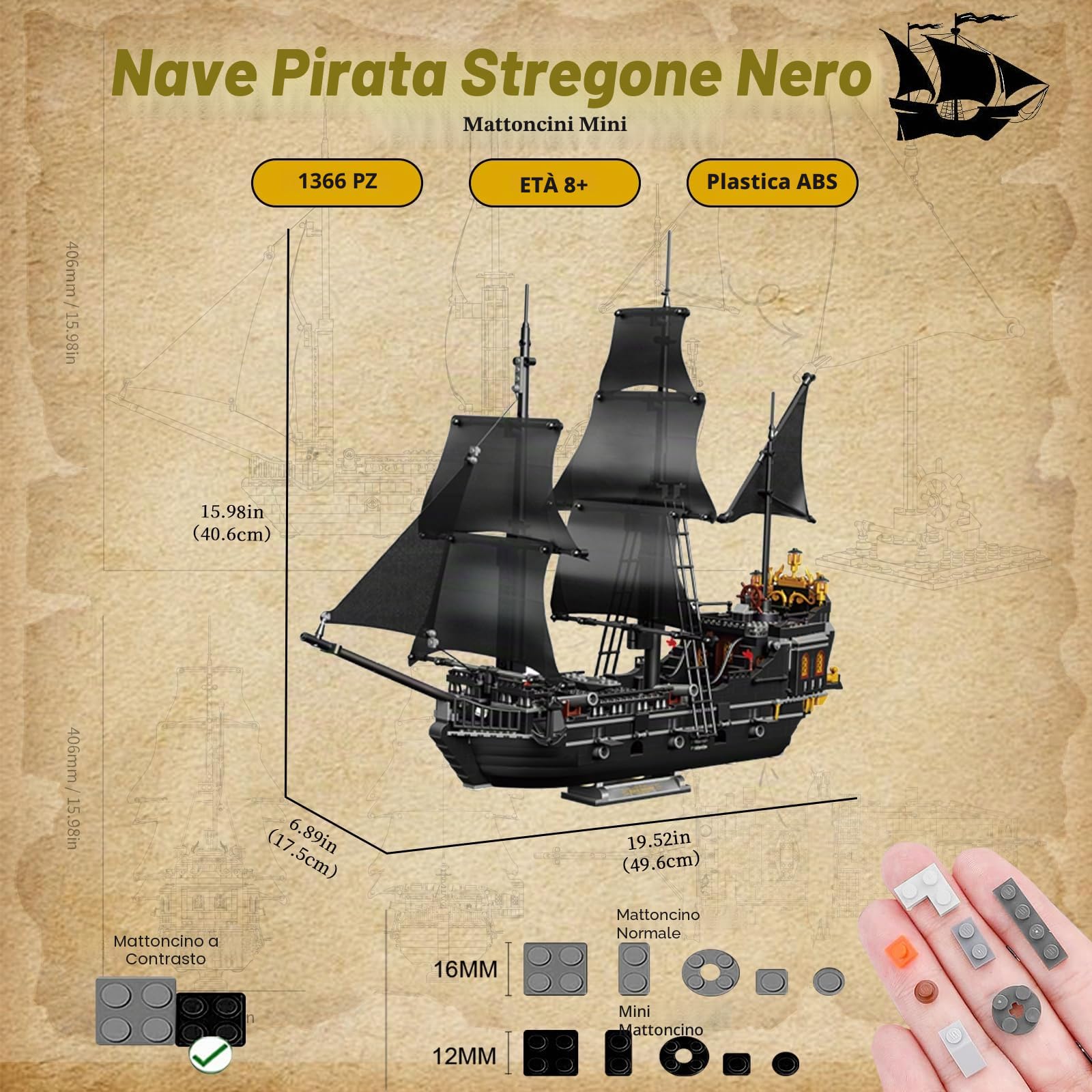 Blocchi da costruzione per nave pirata, set mini blocchi da costruzione, kit modelli costruzione di barche nere, regalo per gli amanti delle navi pirata, ragazzi e ragazze 8+ 1366 pezzi