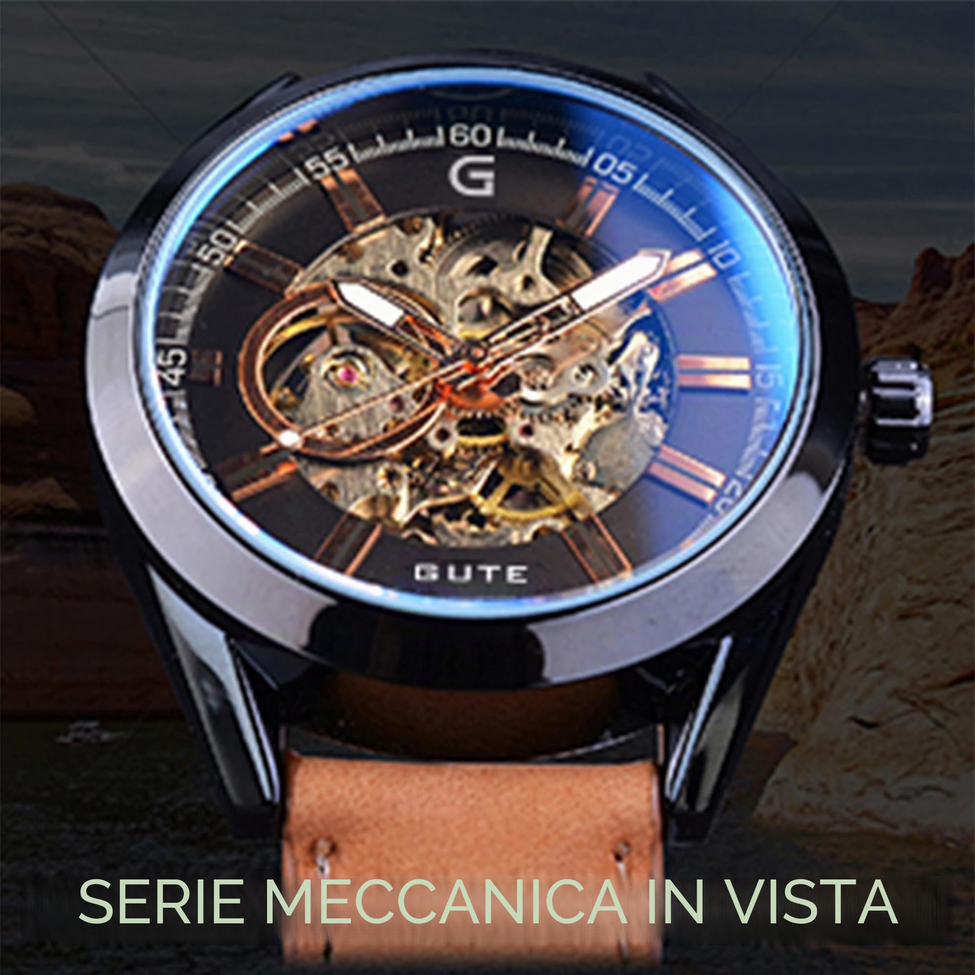 Gute Orologio da uomo automatico casual sportivo cinturino in pelle marrone