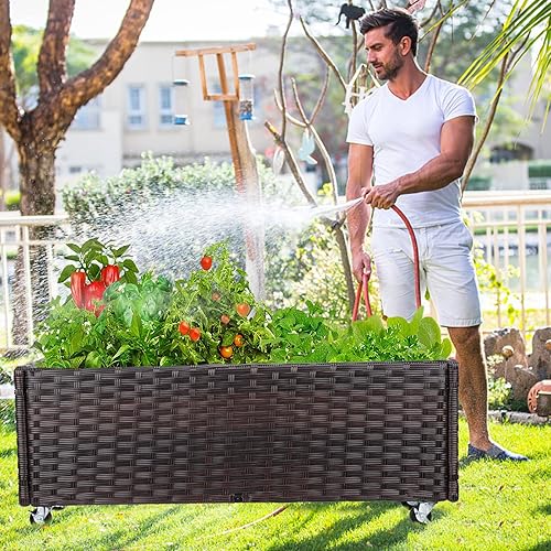 Miniatura 2 de Cama de jardín elevada jardinera de jardín con ruedas, camas elevadas de ratán para jardín, macetas interiores y exteriores, 3.1 pies, ahorran
