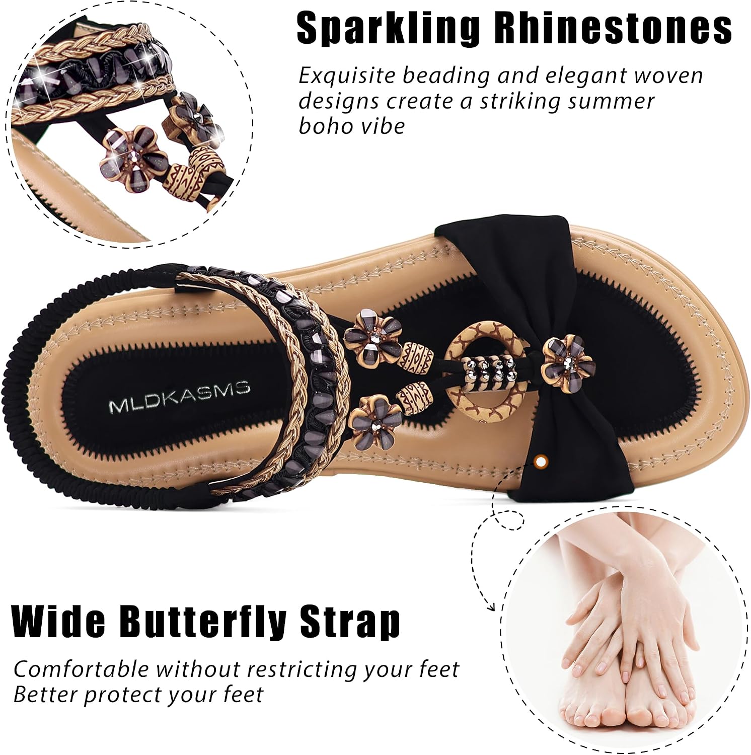 Flat Womens Sandals Comfortable: Dressy Bohemia Rhinestone Sandals | Cushioned Footbed Slip On Summer Shoes with Non slip & Elastic Strap - For Wedding Guest Vacation Beach Party